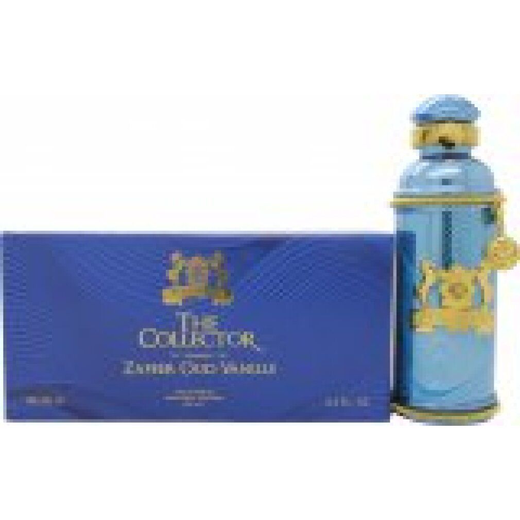Boîte bleue et flacon. Flacon: turquoise avec ornements dorés. Boîte: Alexandre.J The Collector Zafeer Oud Vanille.