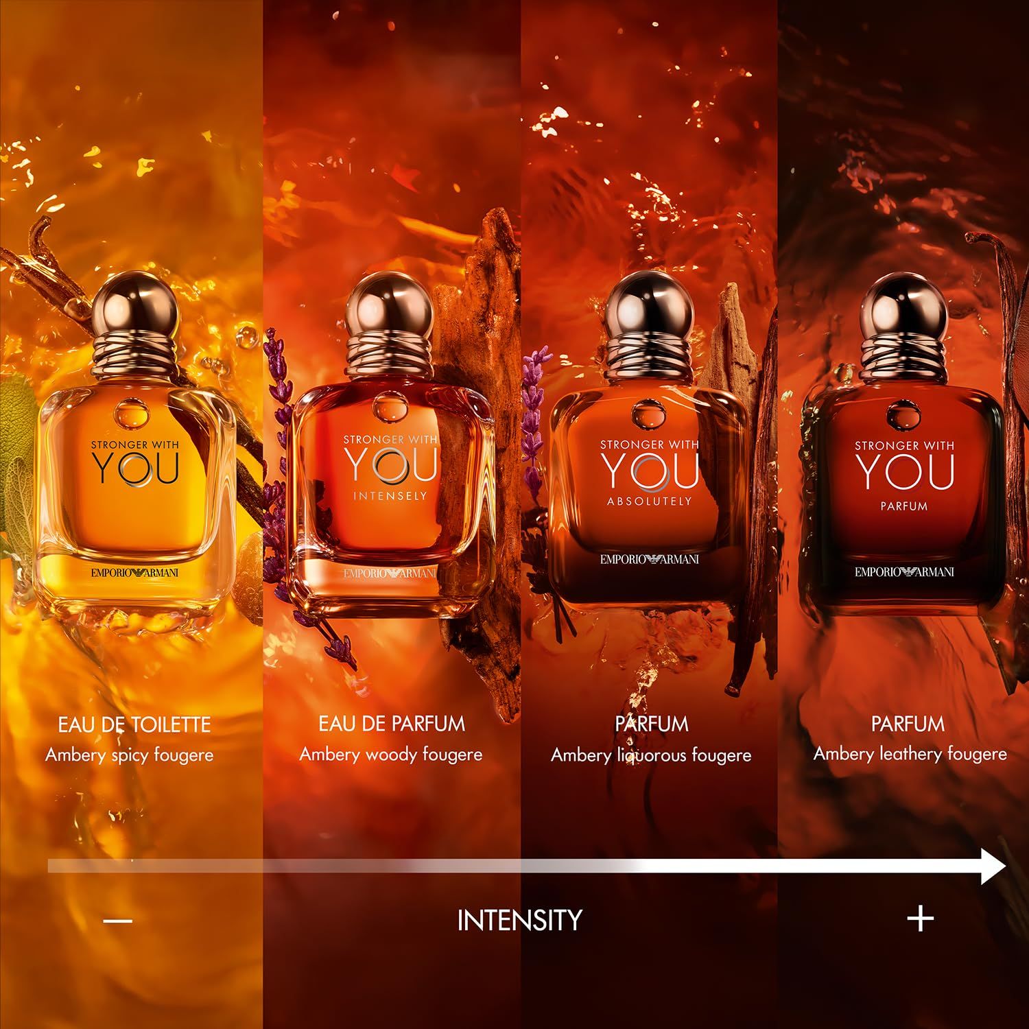 Vier flacons naast elkaar. Opschrift: Eau de Toilette, Eau de Parfum, Parfum, Parfum. Tekst: Intensity. EMPORIO ARMANI.