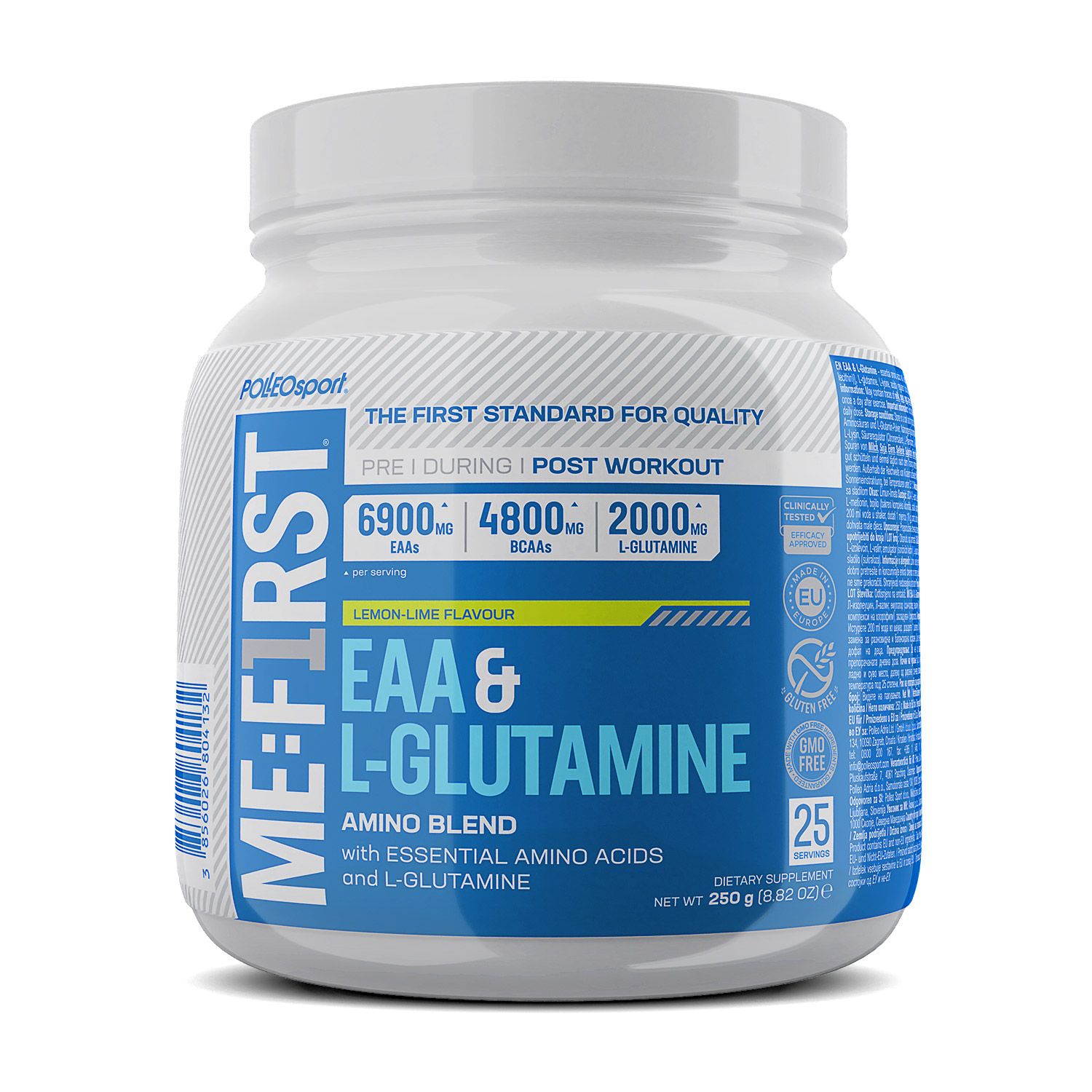 Pot blanc avec étiquette bleue. Inscription : ME:FIRST EAA & L-Glutamine, mélange d'acides aminés. Contient des acides aminés essentiels et de la L-glutamine.