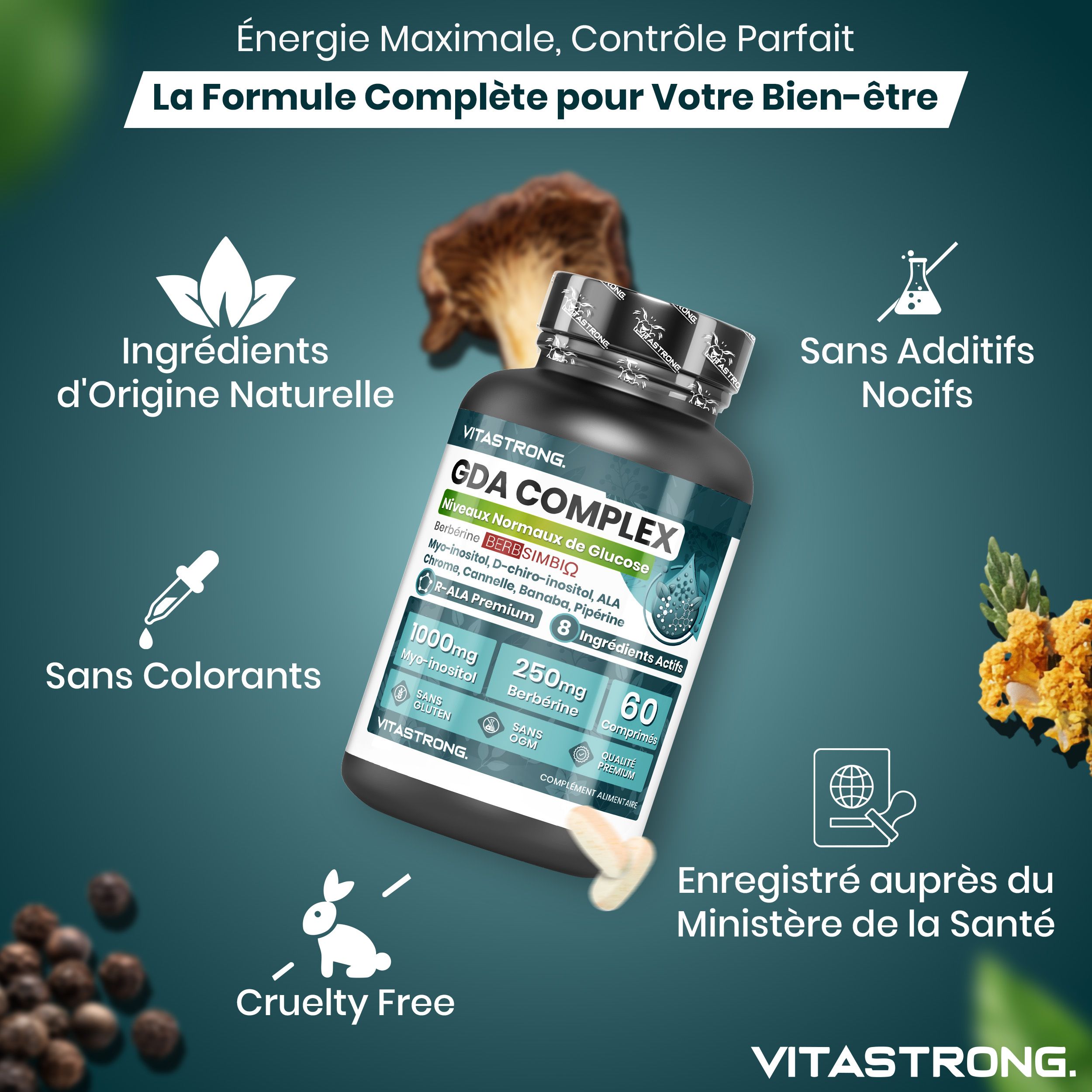 Vitastrong GDA Complex, 60 tabletten. Verpakking. Tekst: Myo-Inositol, Berberine, 60 tabletten, glutenvrij, non-GMO.