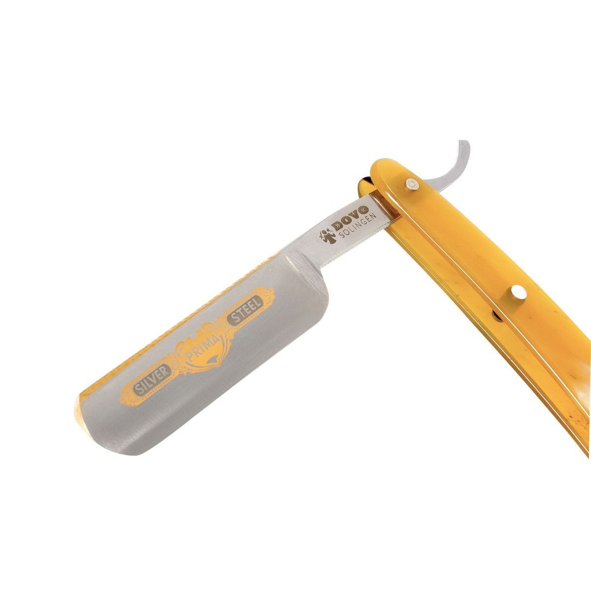 Rasoir ouvert, manche jaune. Lame avec inscription "DOVO SOLINGEN" et "SILVER STEEL". Vue en diagonale.
