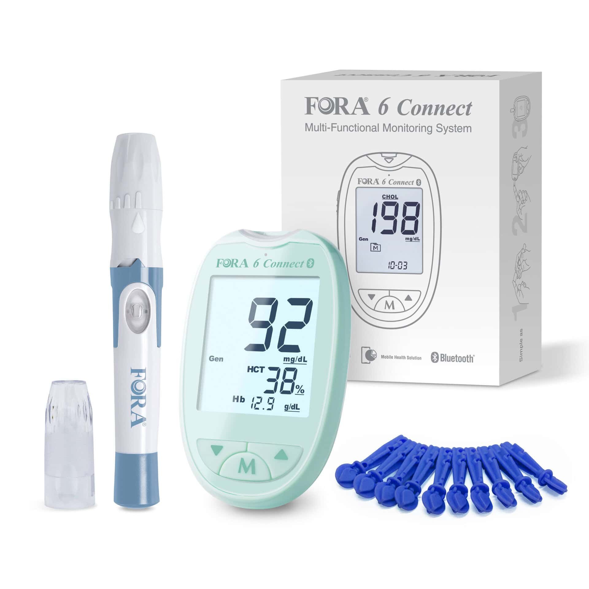 FORA 6 Connect starterkit. Bloedglucosemeter, prikpen, lancetten en verpakking. Mintgroen apparaat met display.