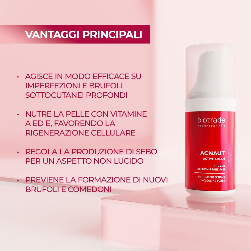 Texte avec puces. Décrit les avantages de ACNAUT ACTIVE CREAM. Contre les imperfections, pour la régénération cellulaire.