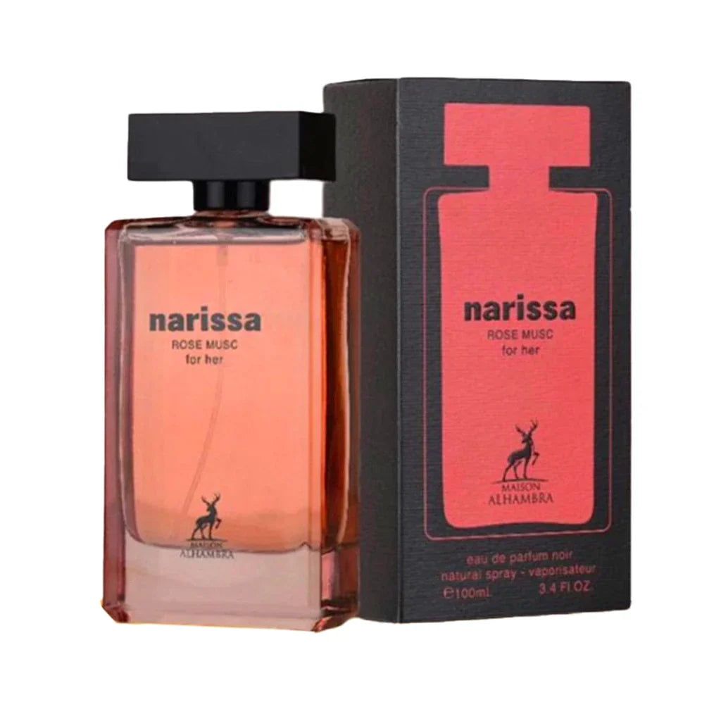 Flacon de parfum avec bouchon noir et boîte. Liquide rose, flacon rectangulaire.