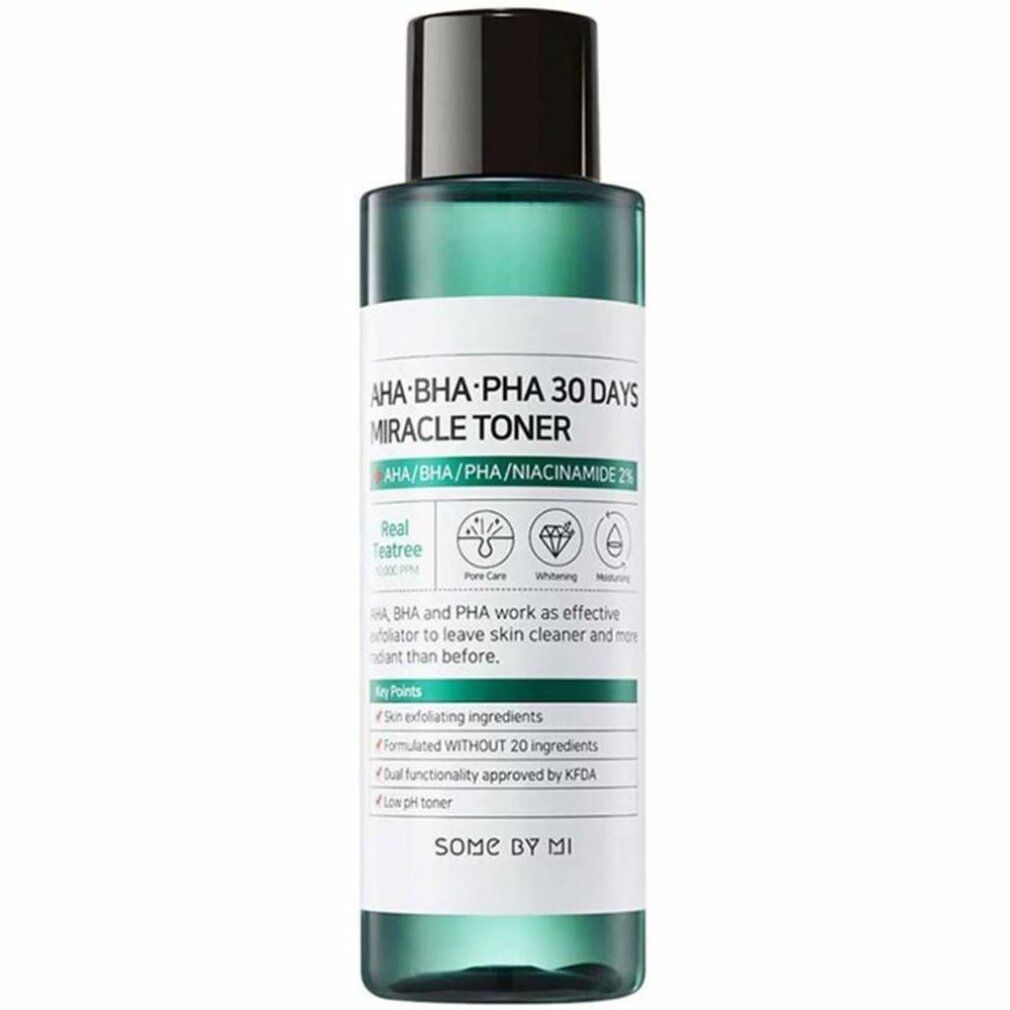 Groene fles met zwarte dop. Opschrift: AHA-BHA-PHA 30 DAYS MIRACLE TONER. Enkele symbolen en tekst.