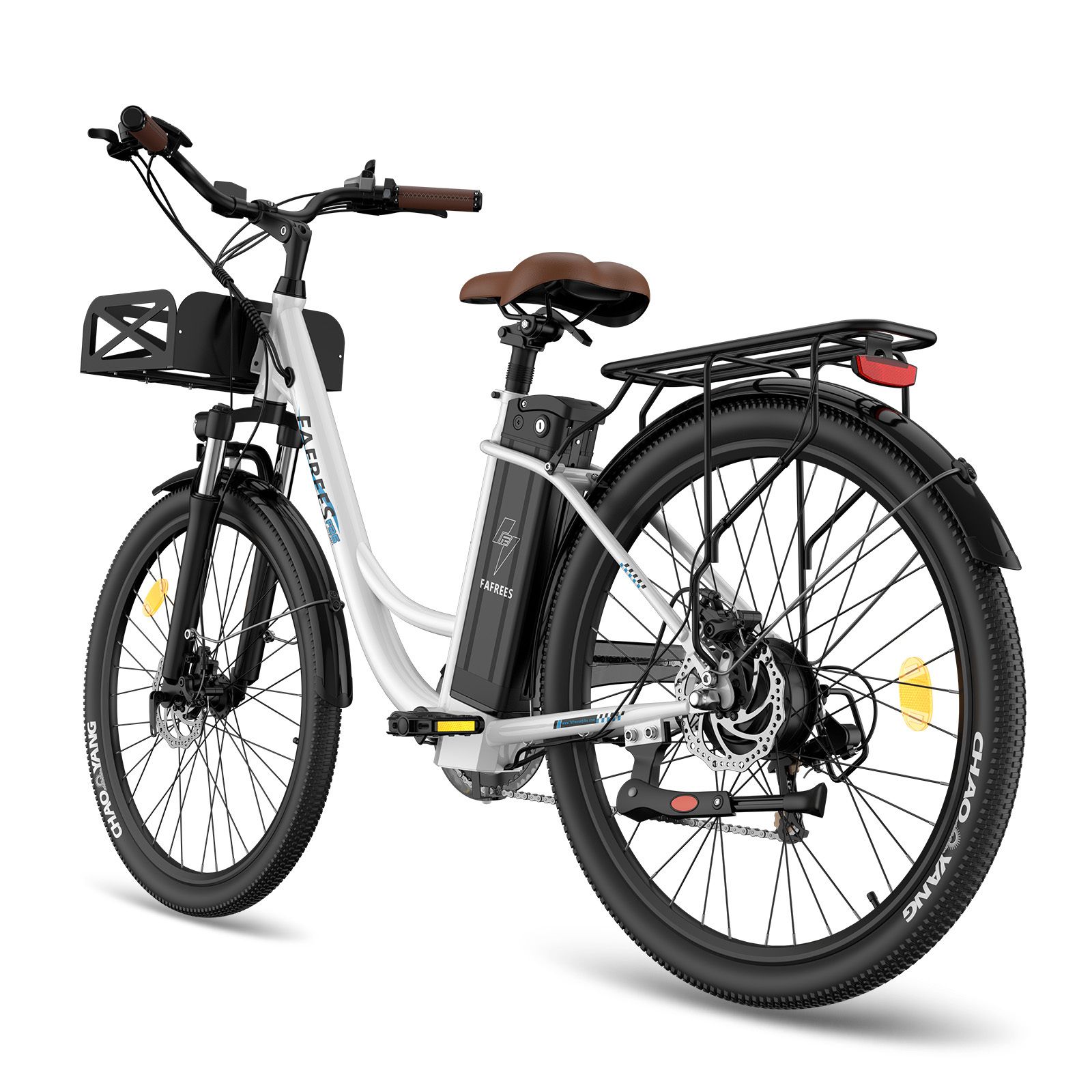 Vélo électrique Fafrees F26 blanc, porte-bagages et panier. Pneus noirs, selle et poignées marron. Batterie sur le cadre.