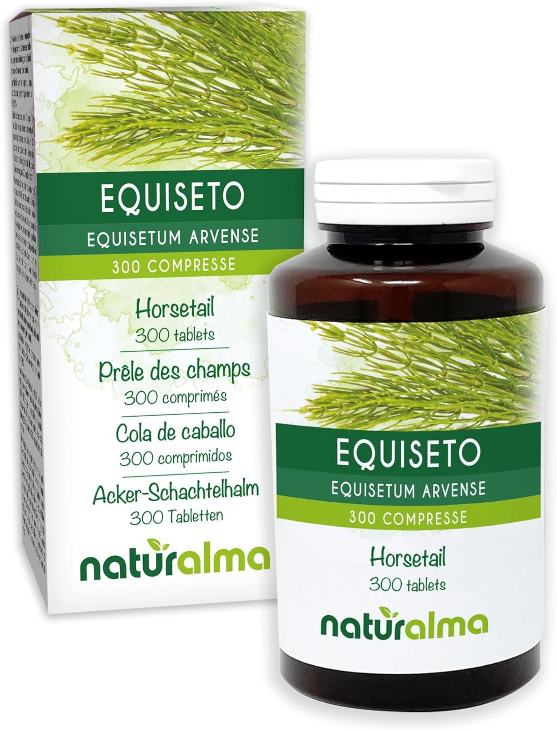Tabletfles en doos met productinfo: Equiseto, 300 tabletten. Naturalma-logo.