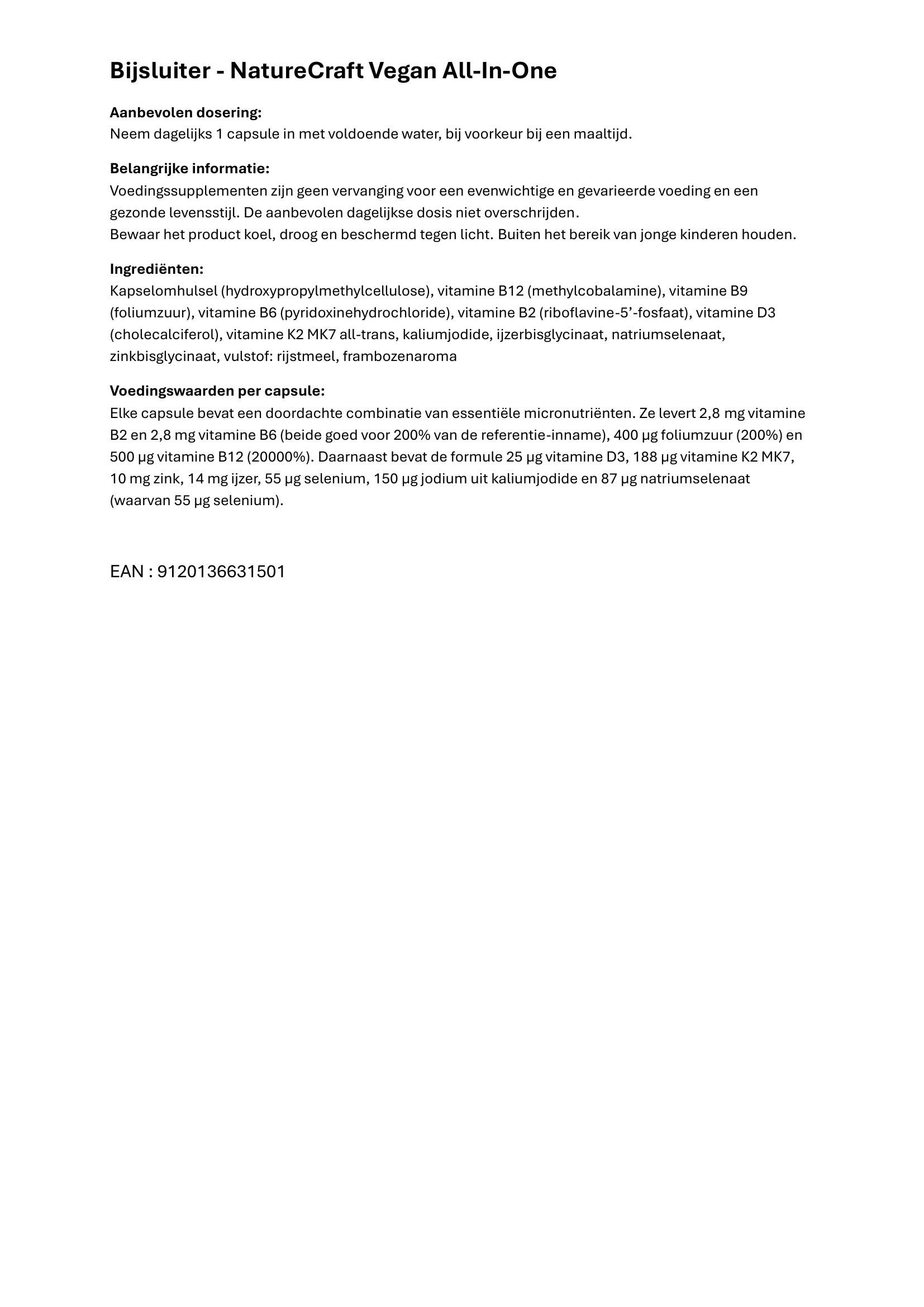 Bijsluiter voor NatureCraft Vegan All-In-One. Bevat dosering, ingrediënten en voedingswaarde-informatie.