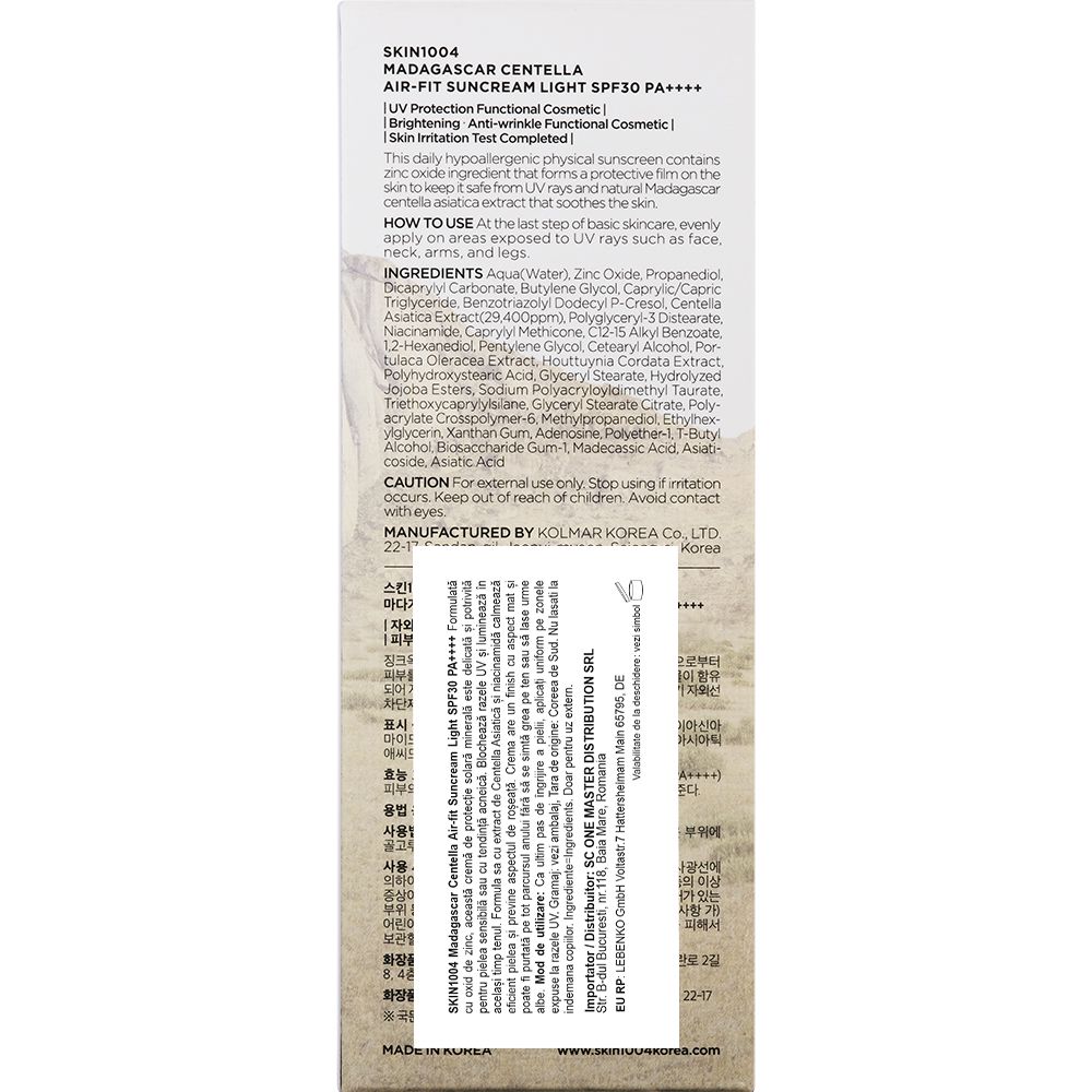Dos d'un emballage avec texte. Nom du produit: SKIN1004 MADAGASCAR CENTELLA AIR-FIT SUNCREAM LIGHT SPF30 PA++++.