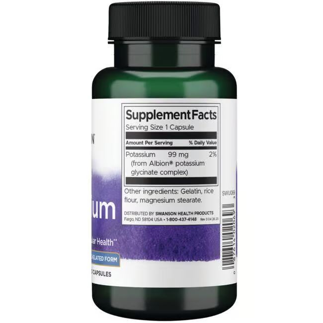 Dos du flacon vert. Contient des informations nutritionnelles. Potassium 99 mg. Autres ingrédients: gélatine, farine de riz, stéarate de magnésium.