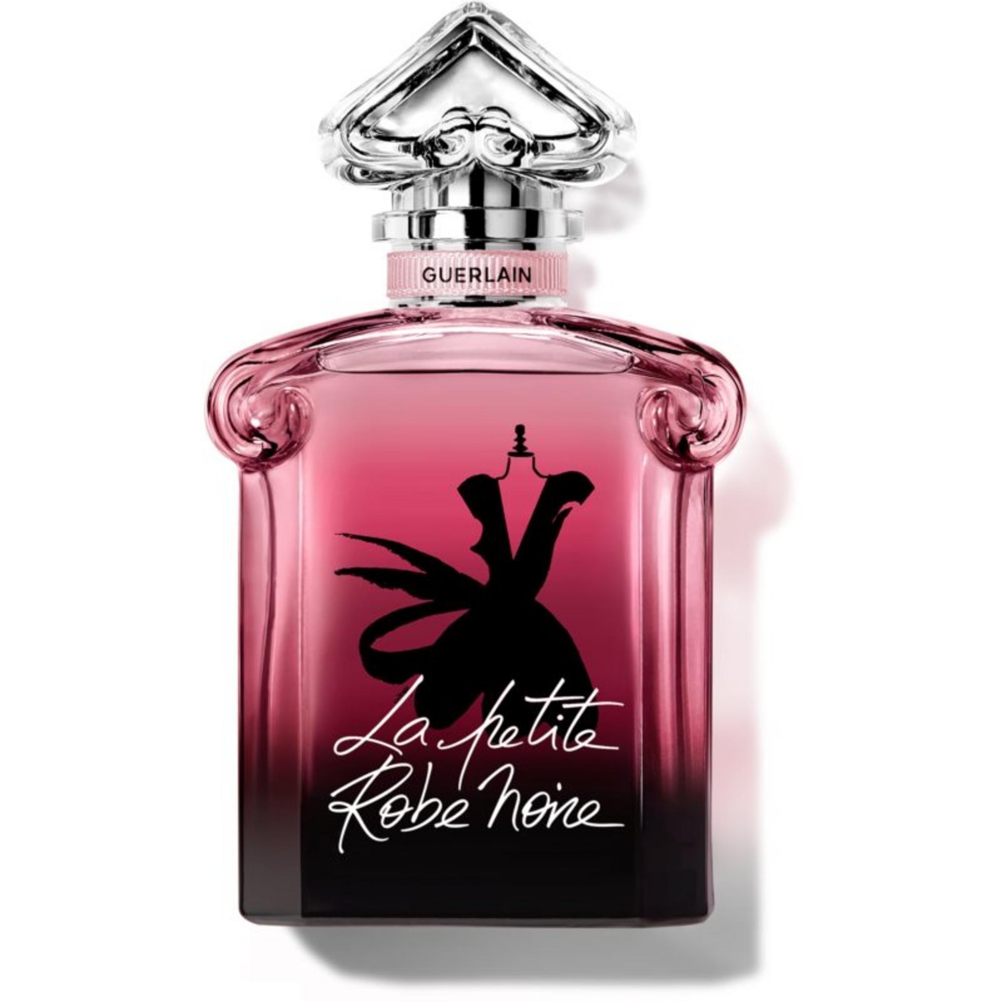 Parfumflesje met roze vloeistof en een zwart jurk-ontwerp. De namen GUERLAIN en La petite Robe Noire zijn zichtbaar.