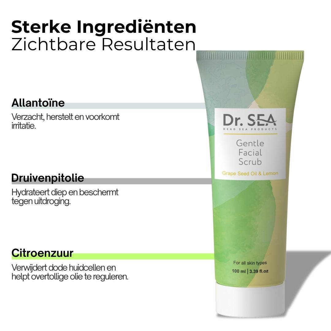 Gezichtsscrub tube en doos. Opschrift: Dr. SEA, Gentle Facial Scrub, Grape Seed Oil & Lemon. Voor alle huidtypes.