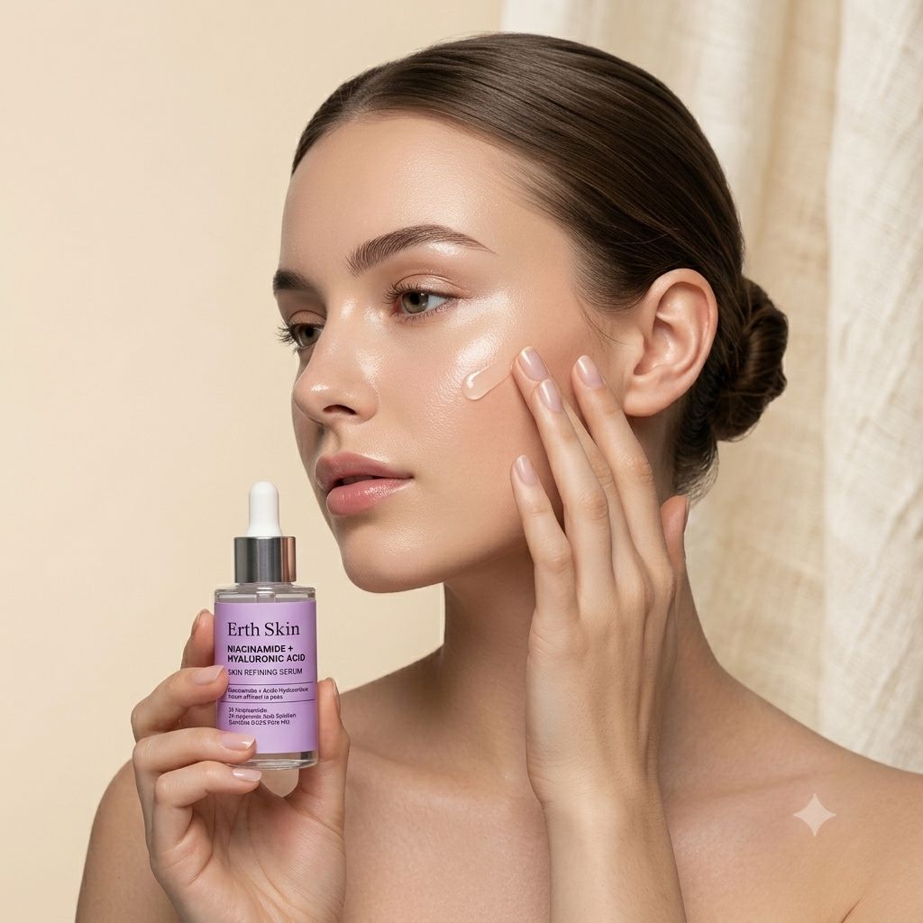Vrouw brengt Erth Skin London Niacinamide + Hyaluronic Acid serum aan, houdt de 30ml fles vast.