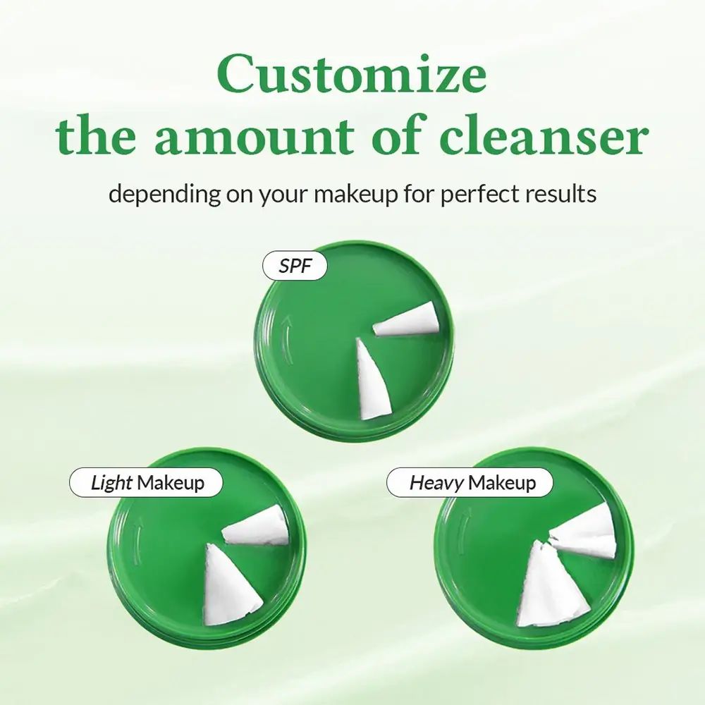 Trois couvercles verts avec baume nettoyant. Inscription : SPF, Light Makeup, Heavy Makeup. Pour différents maquillages.