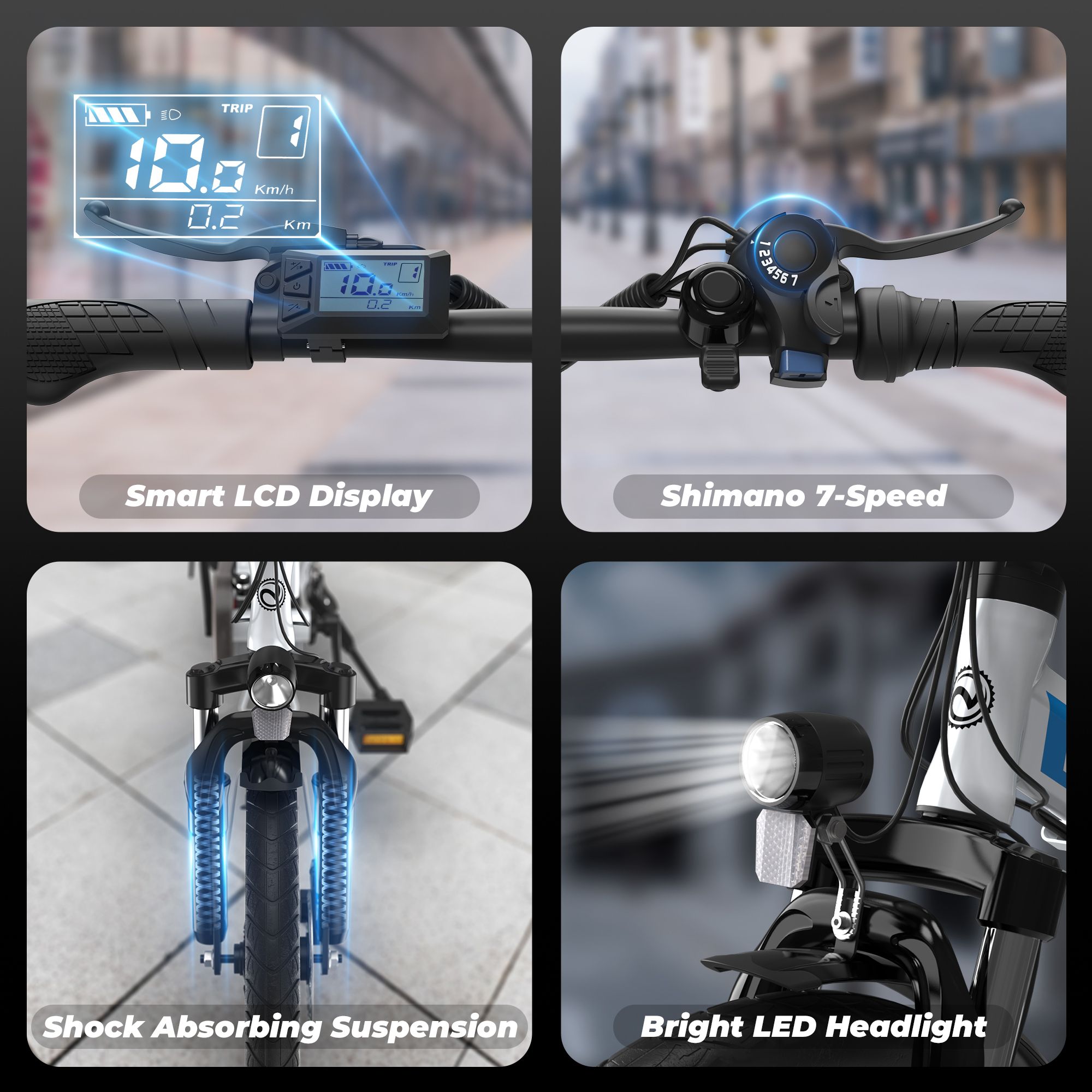 Détails du vélo électrique. Écran LCD intelligent. Shimano 7 vitesses. Suspension absorbant les chocs. Phare LED lumineux.