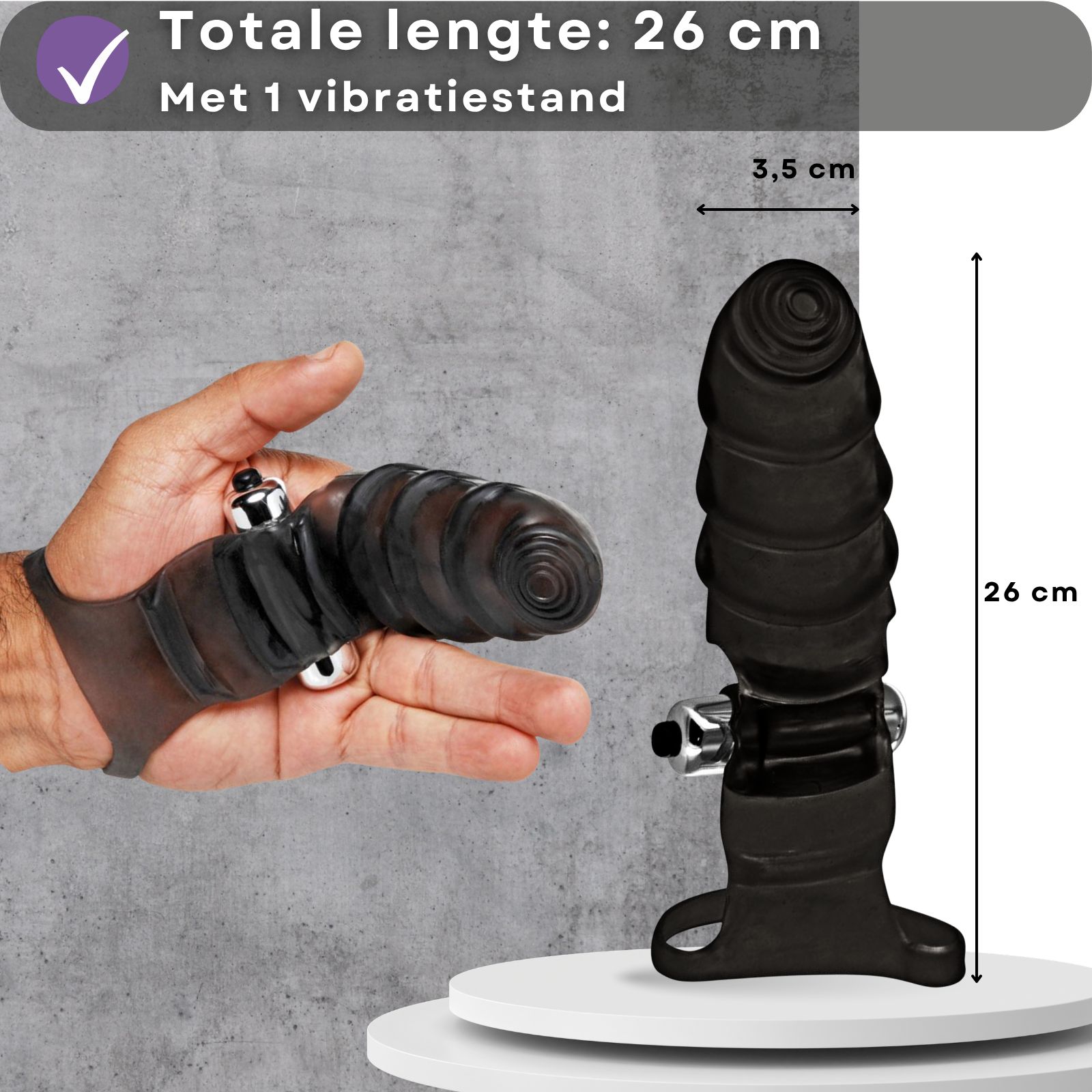 Vingervibrator, 26cm, diameter 3,5cm. Hand met vibrator. Tekst: 26cm, 1 vibratiemodus.