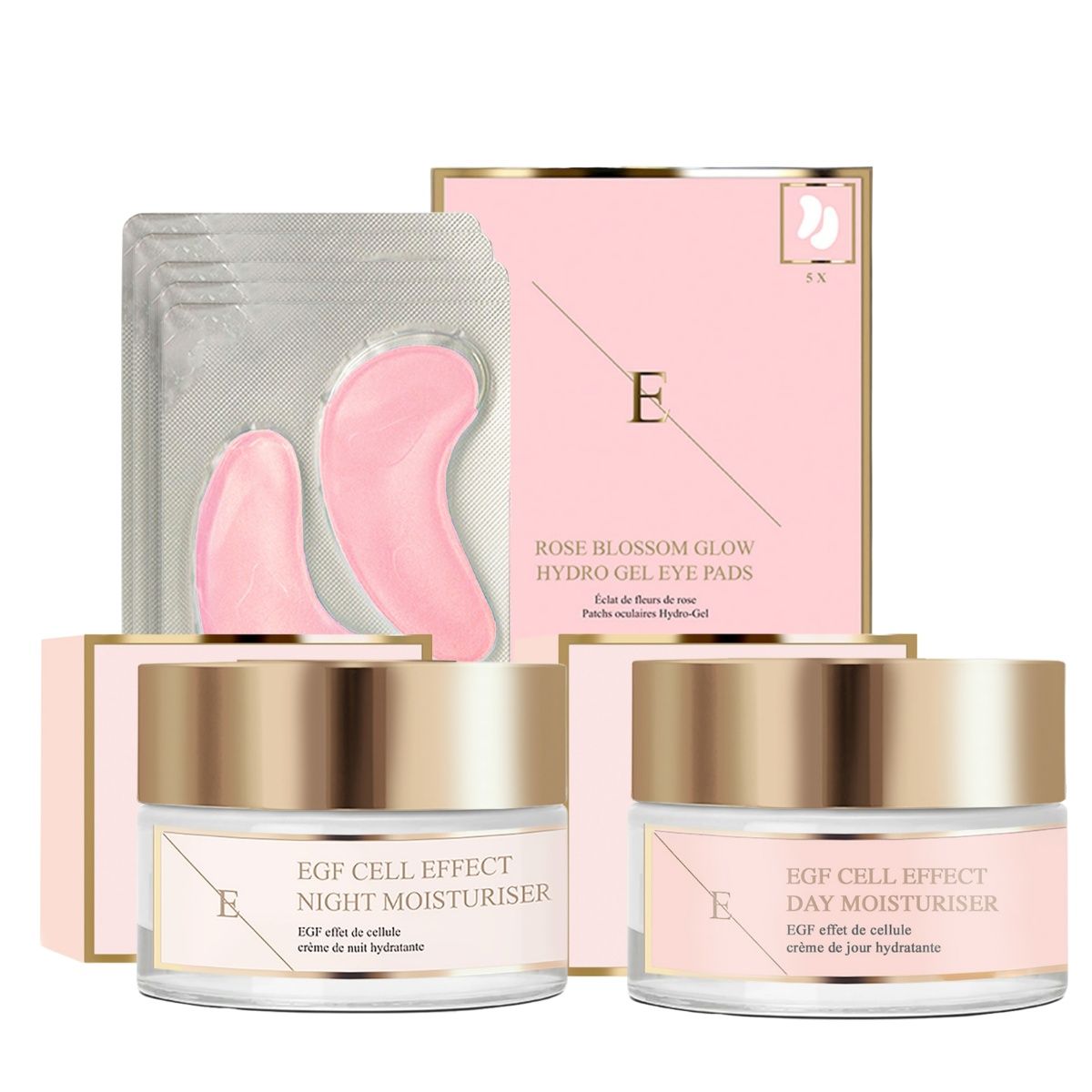 Ensemble crème de jour et de nuit, patchs pour les yeux. Emballage rose et doré. Inscriptions : EGF Cell Effect, Rose Blossom Glow.