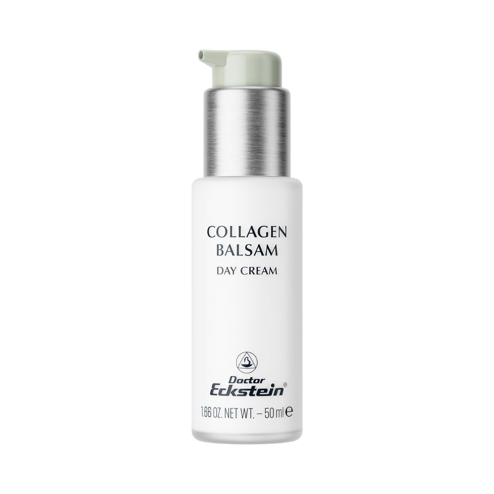 Witte fles met zilveren pomp. Opschrift: COLLAGEN BALSAM, DAY CREAM. Merk: Doctor Eckstein. 50 ml.