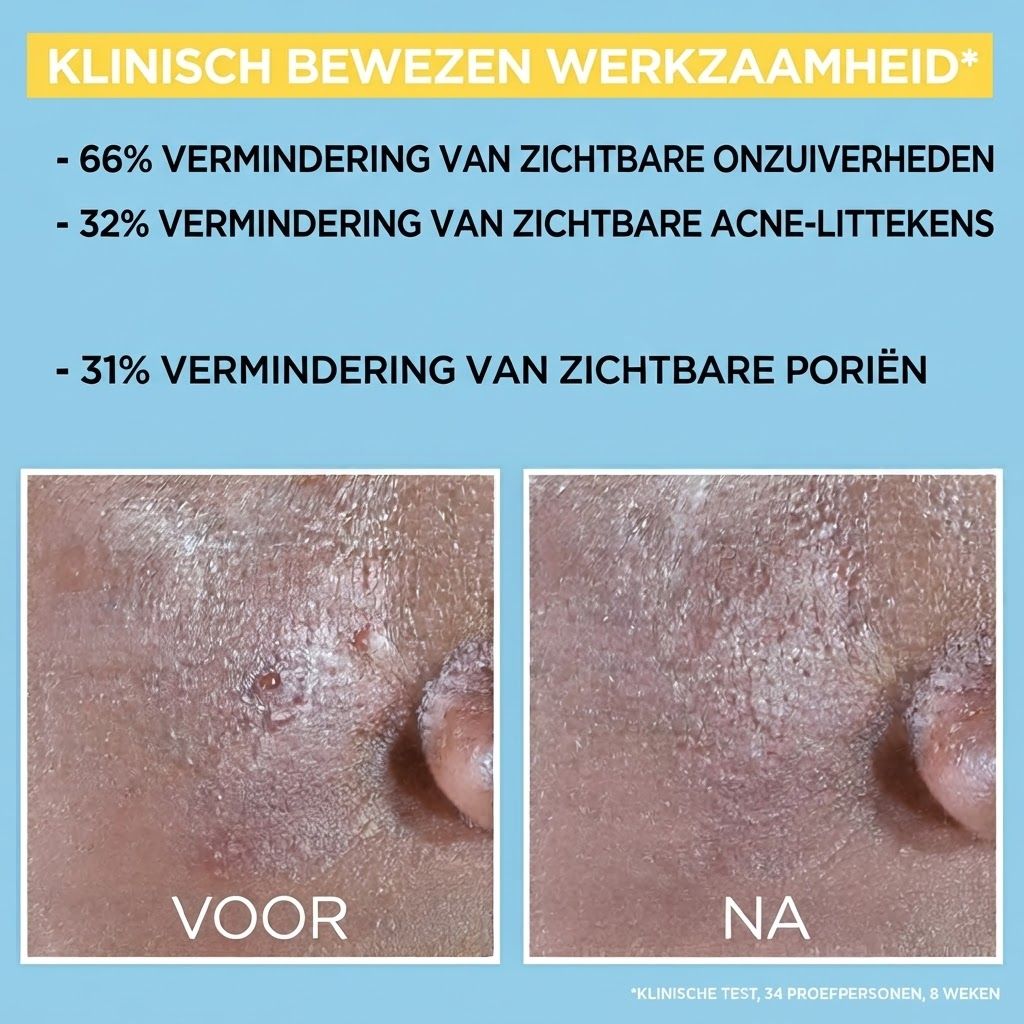 Voor-en-na vergelijking van huid met onzuiverheden en acnelittekens. Toont vermindering van onzuiverheden, littekens en poriën.
