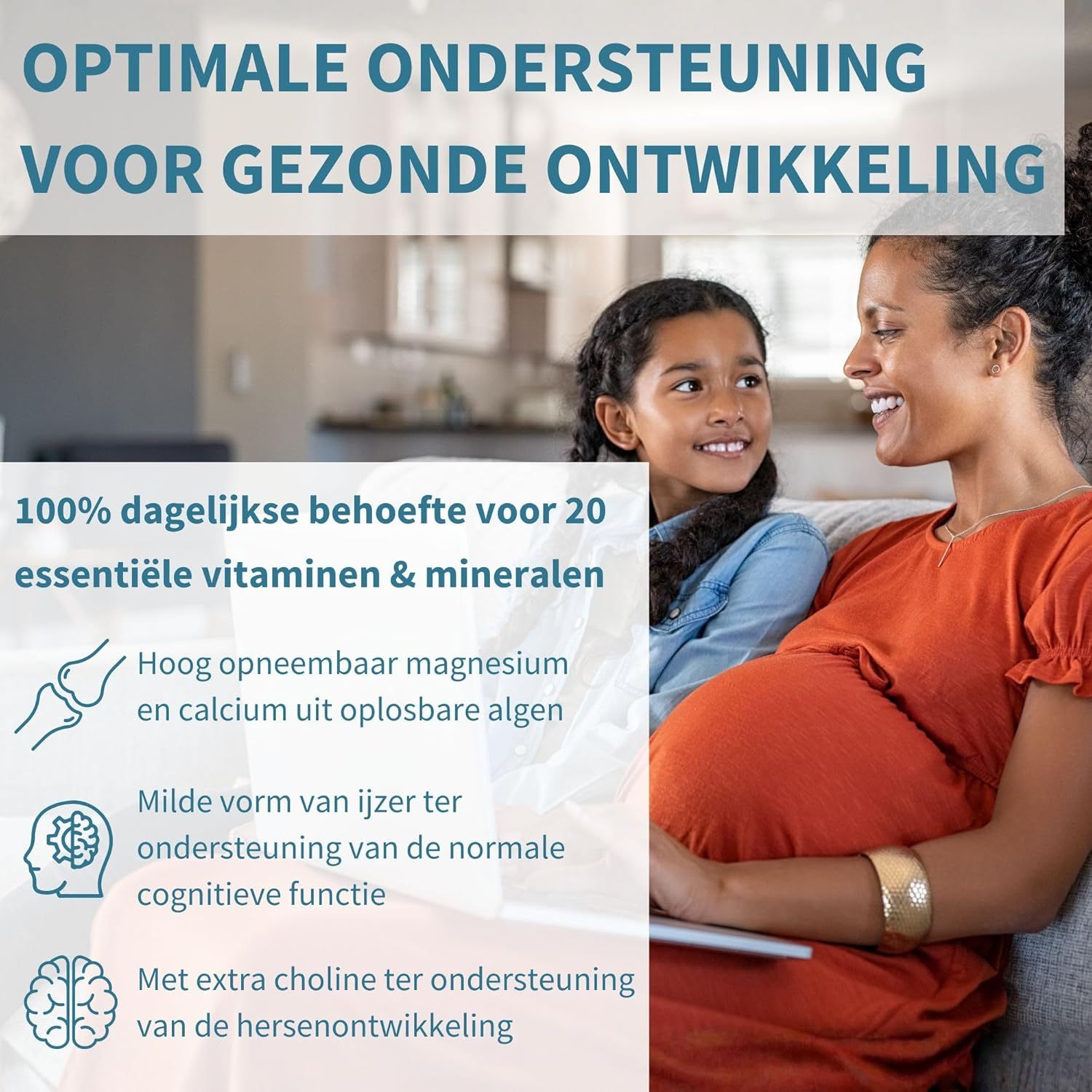 Zwangere vrouw en kind op bank. 100% dagelijkse behoefte voor 20 vitamines en mineralen.