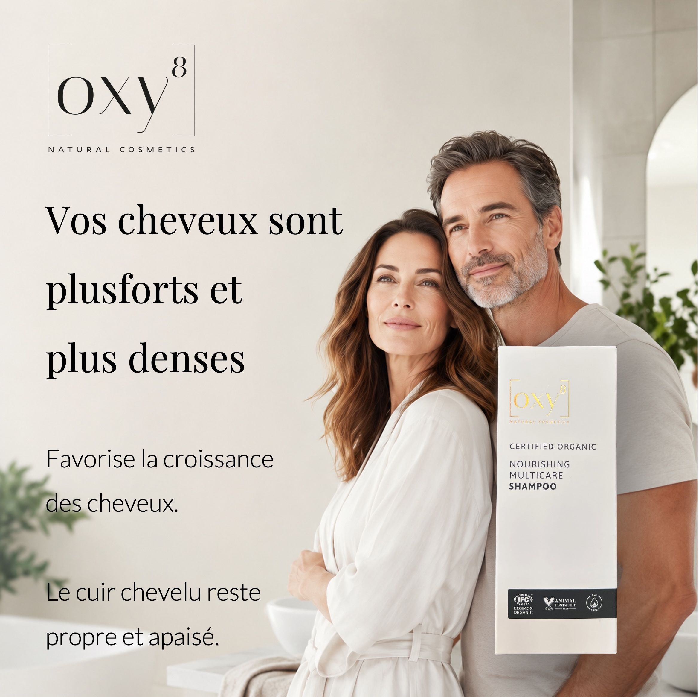 Publicité avec un homme et une femme. Emballage du produit avec texte.