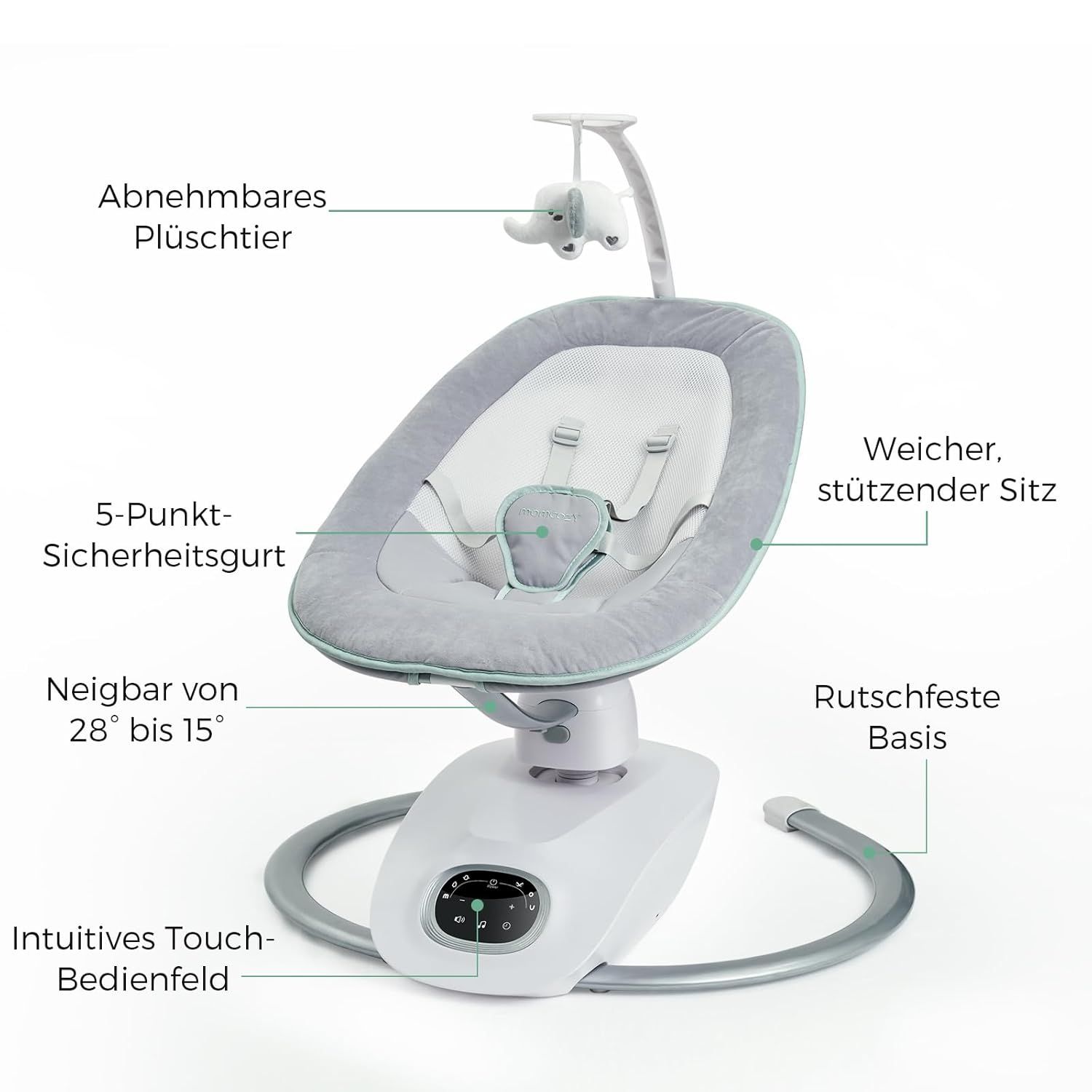 Babywipper met afneembaar pluche dier, 5-puntsgordel, kantelbaar.