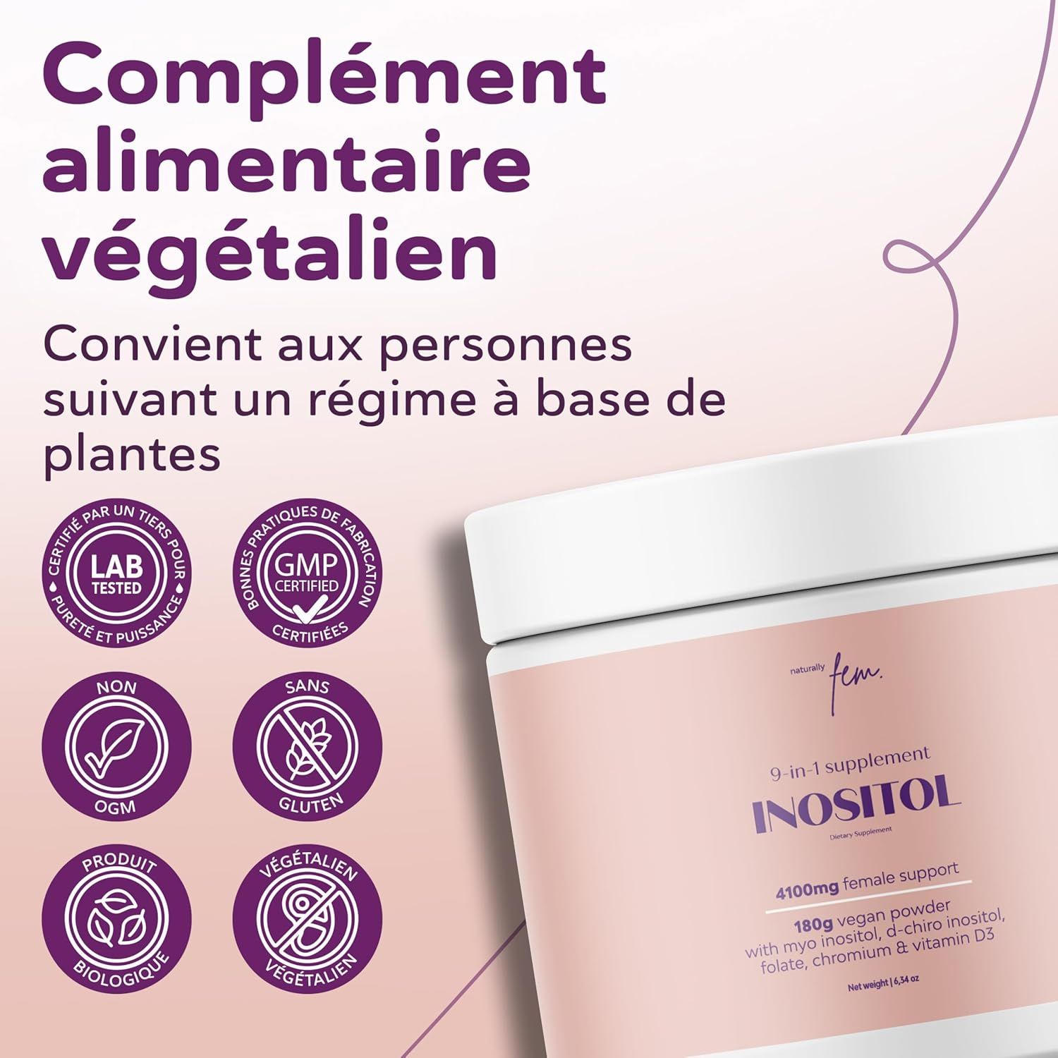 Récipient de poudre d'inositol, supplément 9-en-1 pour femmes, 180g, végétalien.