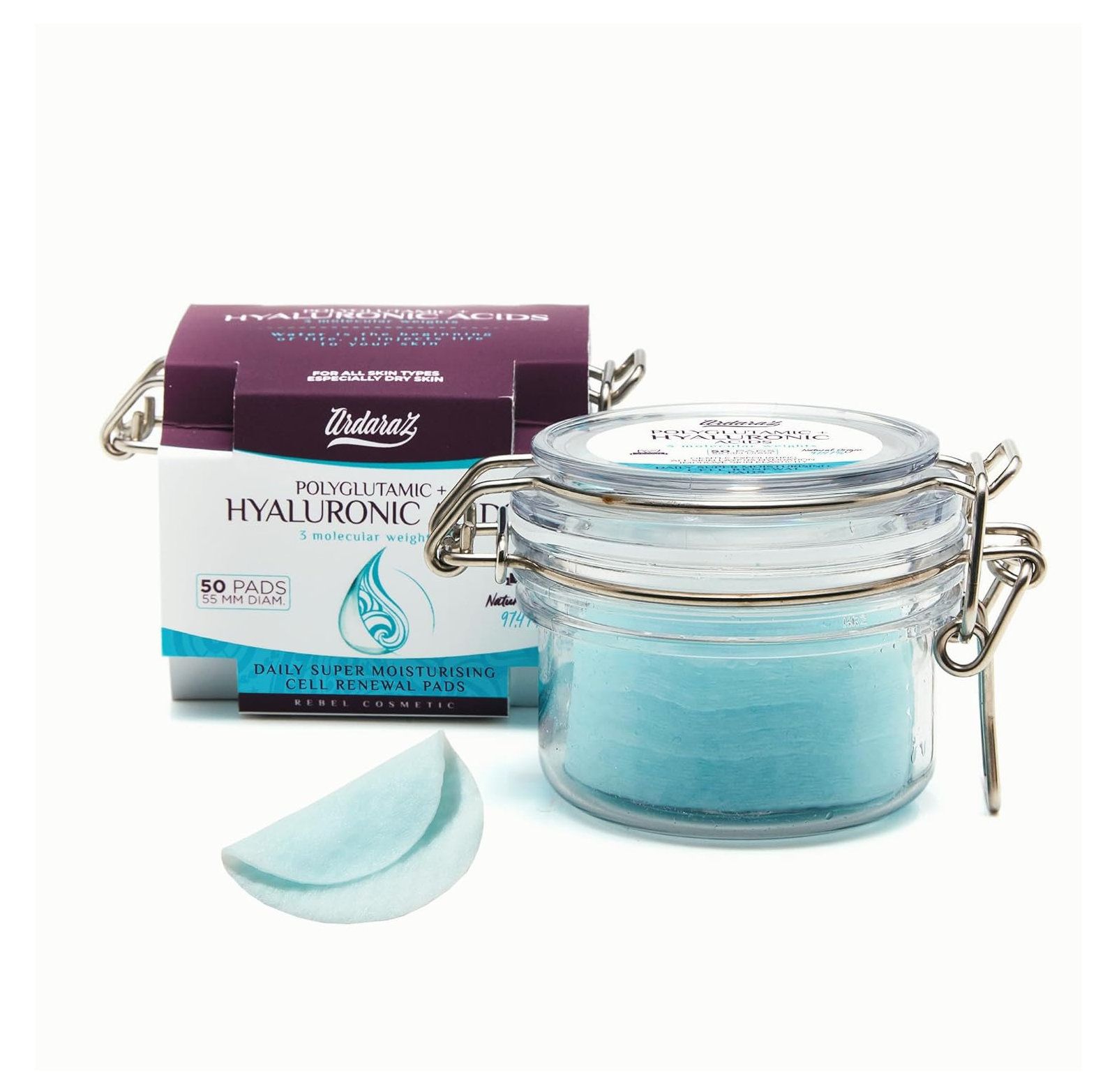 Ardaraz Peeling-pads: Glazen pot, kartonnen doos en een losse pad.