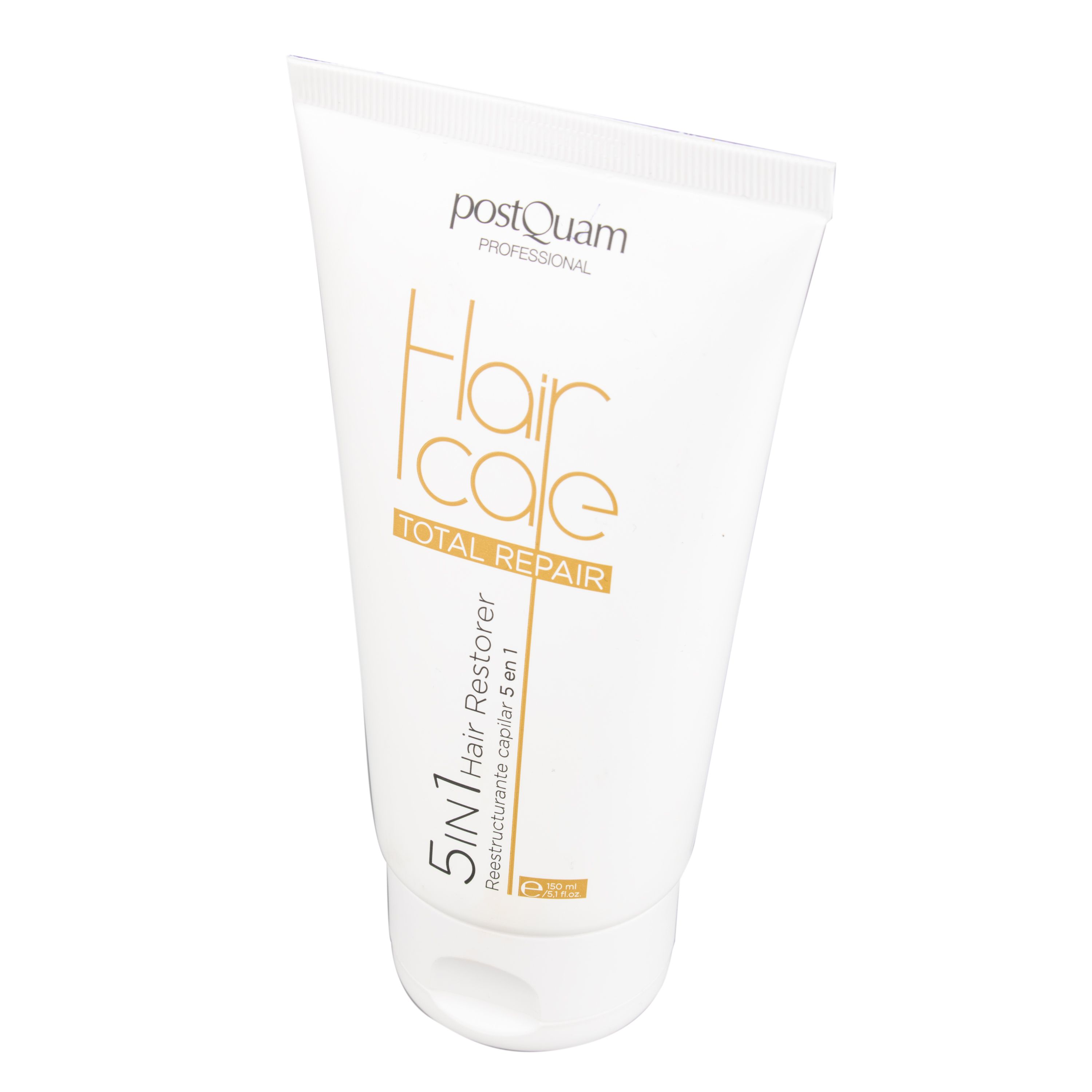 Witte tube met gouden opdruk. Tekst: Hair Care Total Repair, 5 in 1 Hair Restorer. Merk: Postquam.