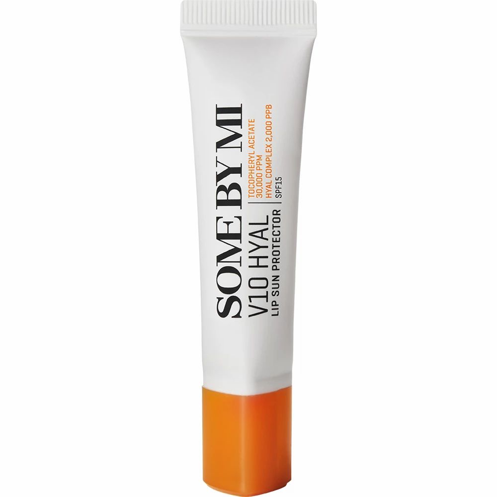 Witte tube met oranje dop. Opschrift: SOME BY MI V10 HYAL Lip Sun Protector SPF15.