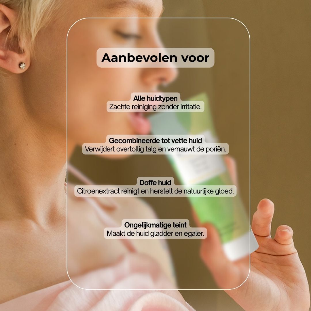 Tube gezichtsscrub. Tekst: Geen compromissen. Zonder parabenen, siliconen, ftalaten, PEG's. Dermatologisch getest.