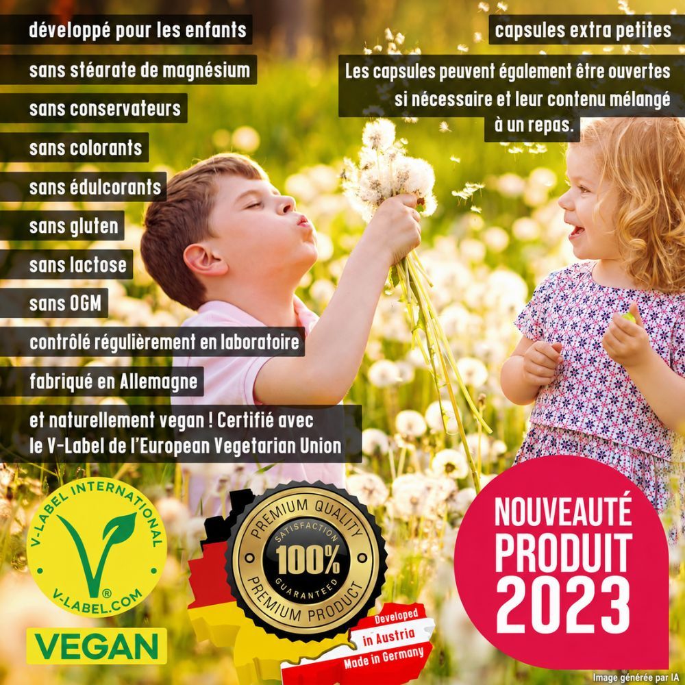 Enfants avec des fleurs, V-Label, sceau "Nouveauté Produit 2023".