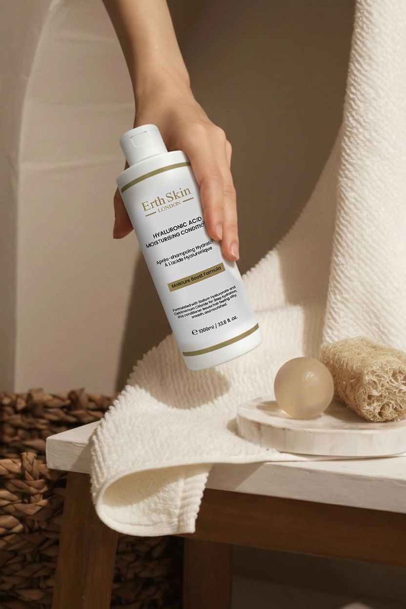 Main tenant une bouteille blanche ErthSkin London Hyaluronic Acid Moisturising Conditioner.