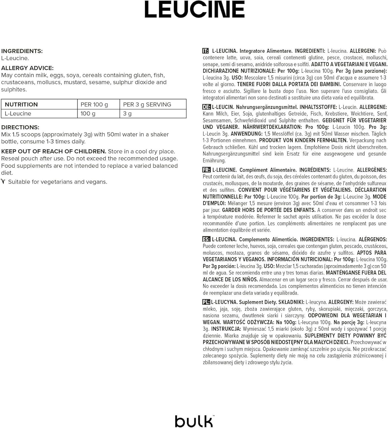Tekstpagina met informatie over L-Leucine. Bevat ingrediënten, allergenen, voedingswaarden en instructies. "bulk" logo onderaan.