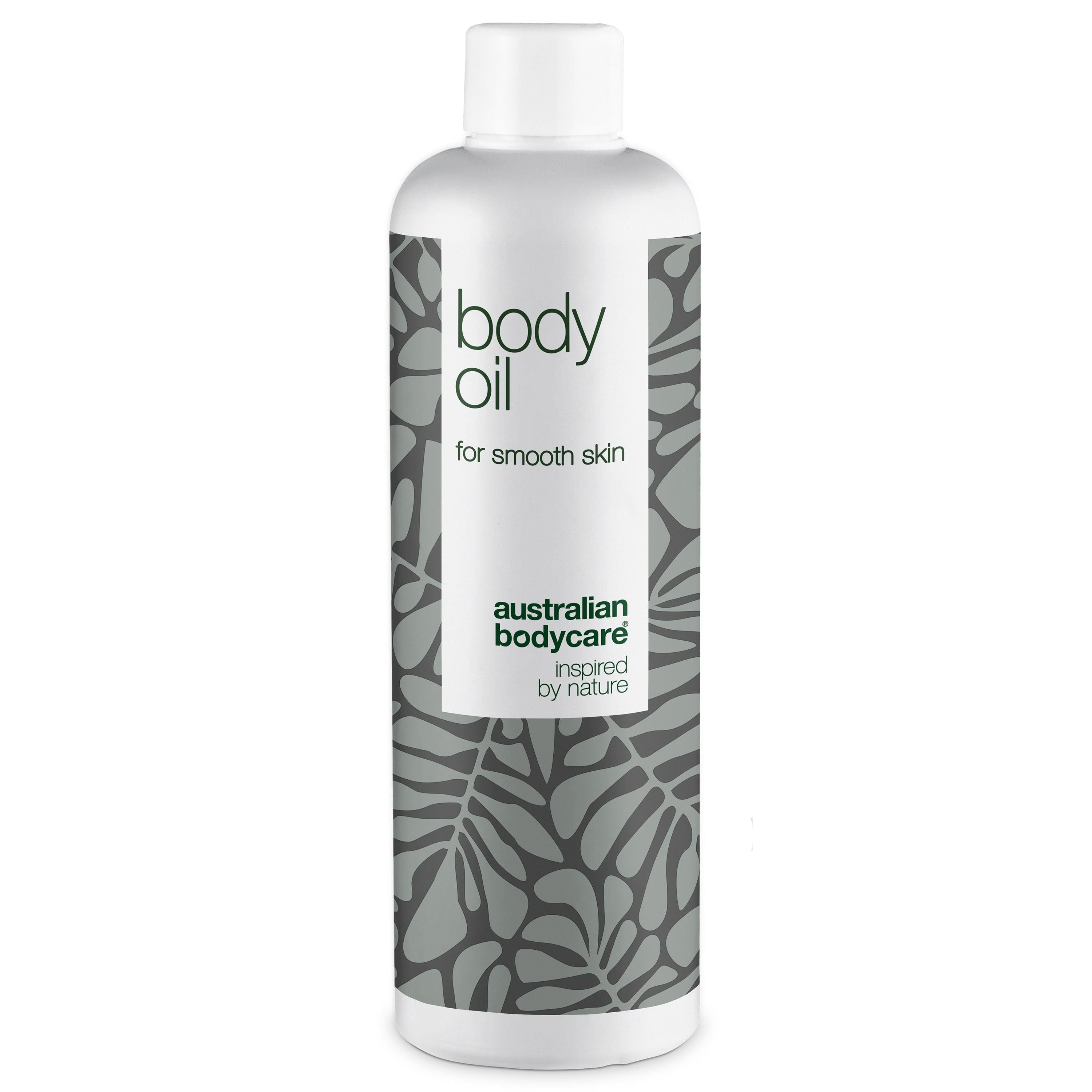 Flacon blanc avec inscription « body oil » et « australian bodycare ». Motif de feuilles grises. Bouchon blanc.