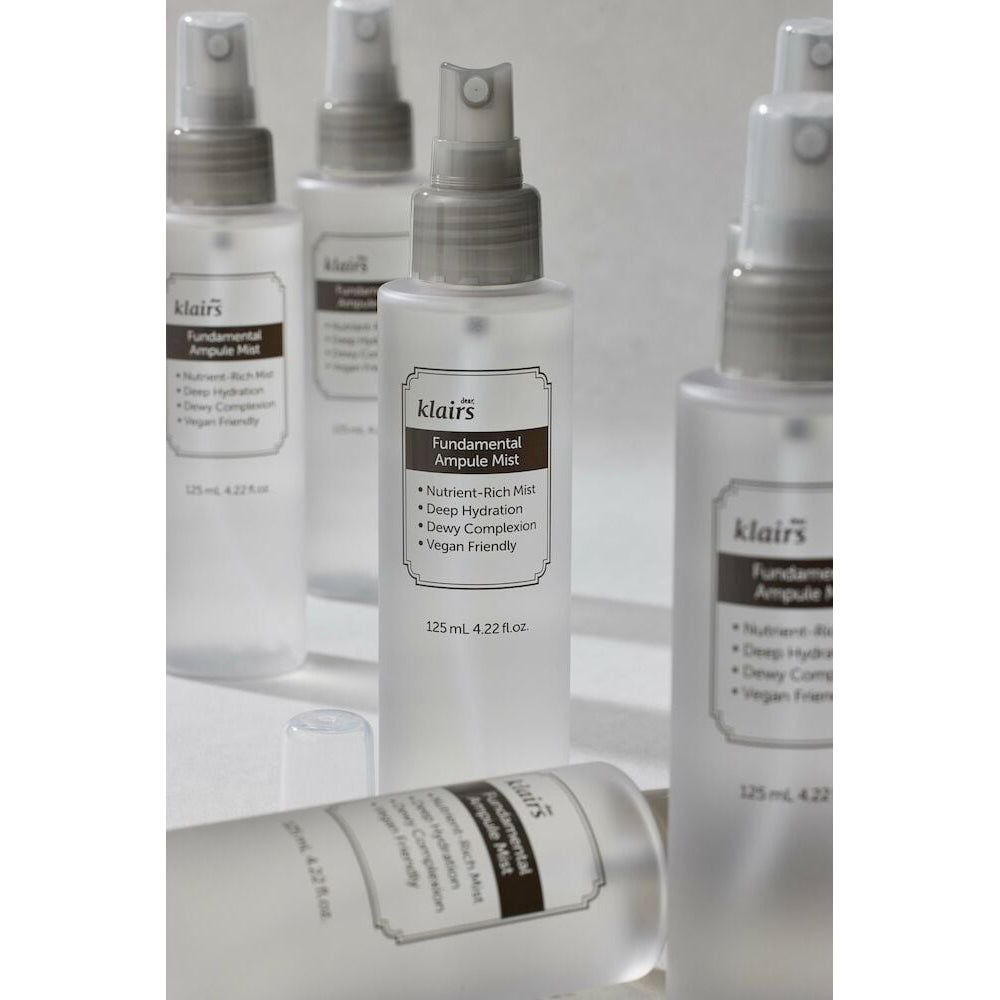 Plusieurs flacons de brume Klairs Fundamental Ampoule. Étiquette avec nom et caractéristiques. 125 ml.