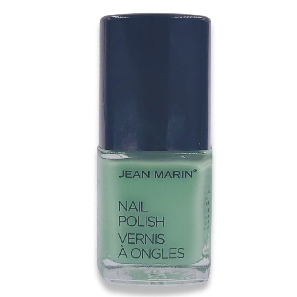 Flacon de vernis à ongles Jean Marin, couleur verte. Bouchon bleu foncé. Nom du produit et mention 'Vernis à Ongles'.