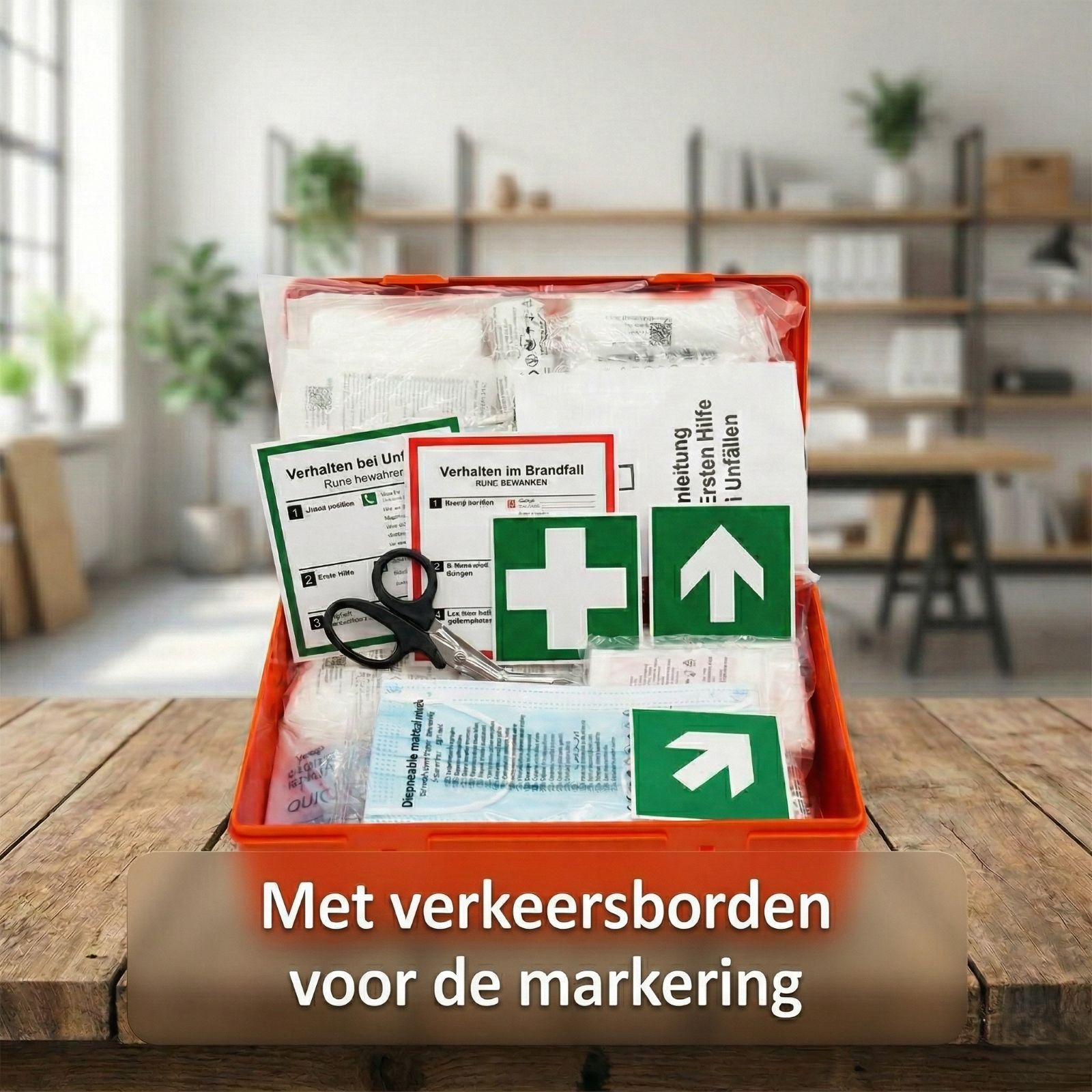 Rode EHBO-koffer, open, met inhoud. Op een tafel. Verkeersborden voor de markering.