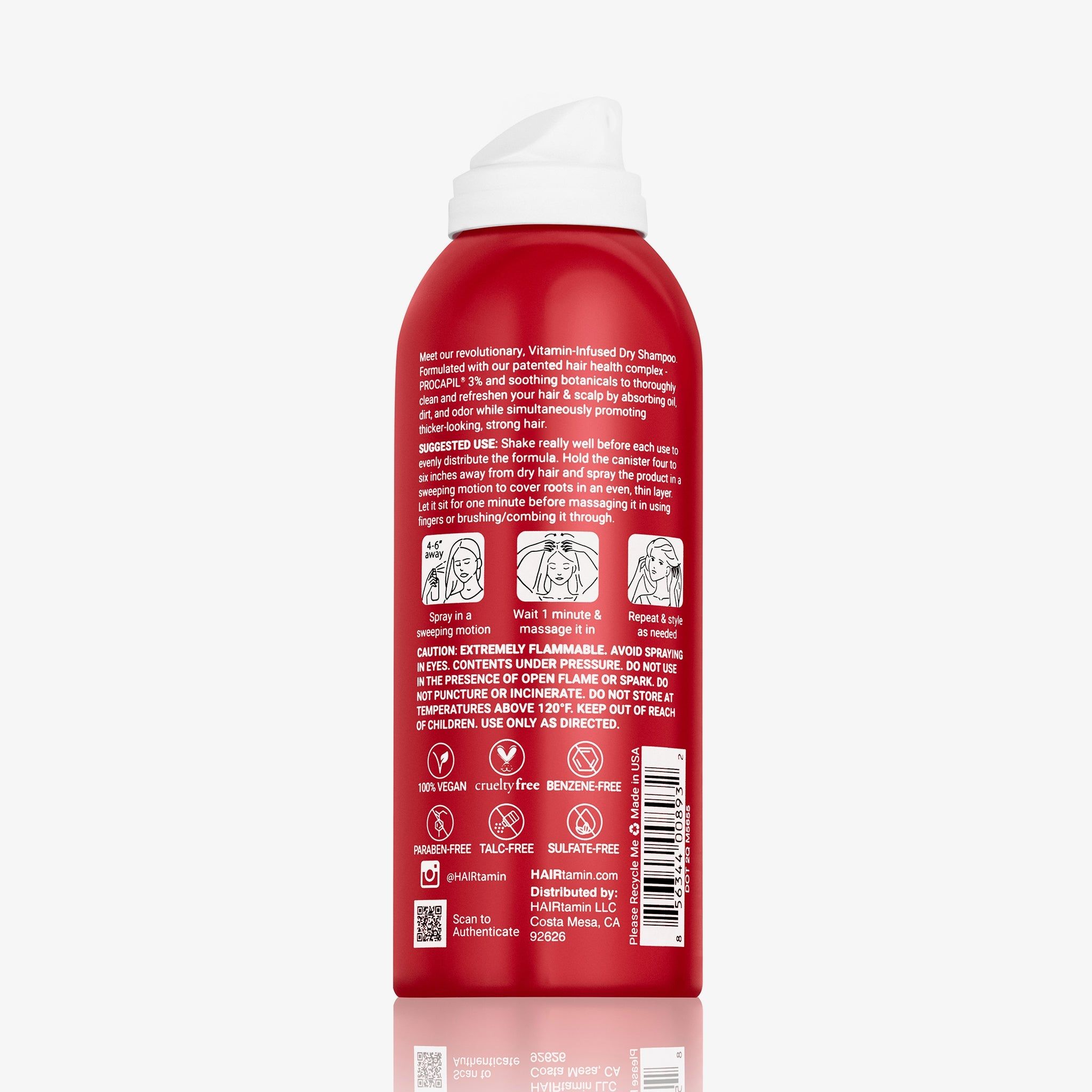 Rode spuitfles met witte dop. Bevat HAIRtamin Vitamin-Infused Dry Shampoo. Gebruiksaanwijzing en voorzorgsmaatregelen.