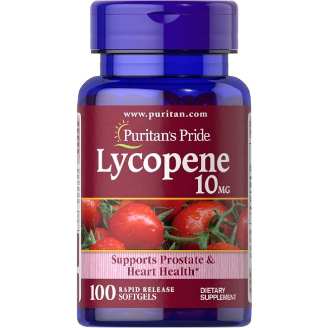 Puritan's Pride Lycopene 10 mg voedingssupplement in een blauwe fles met 100 softgels.