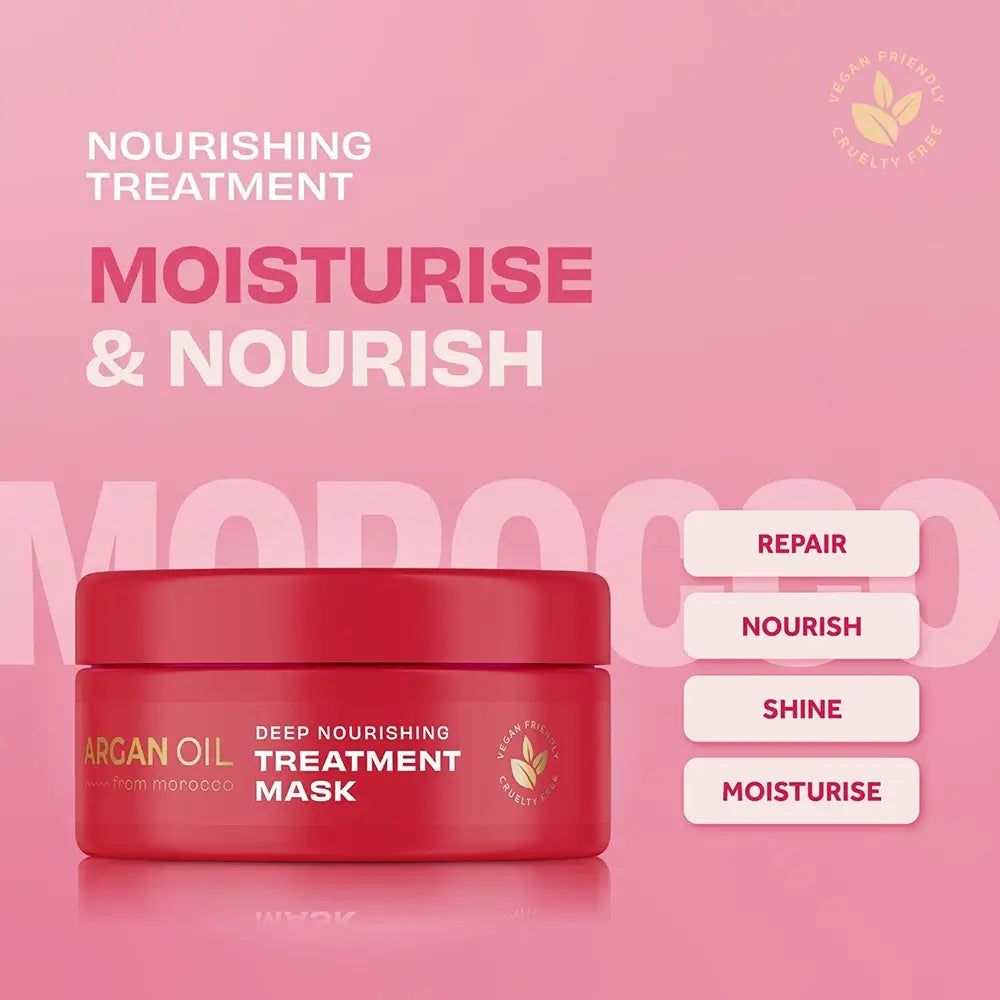 Rode pot met Arganolie voedend behandelingsmasker. Opties: Repair, Nourish, Shine, Moisturise.