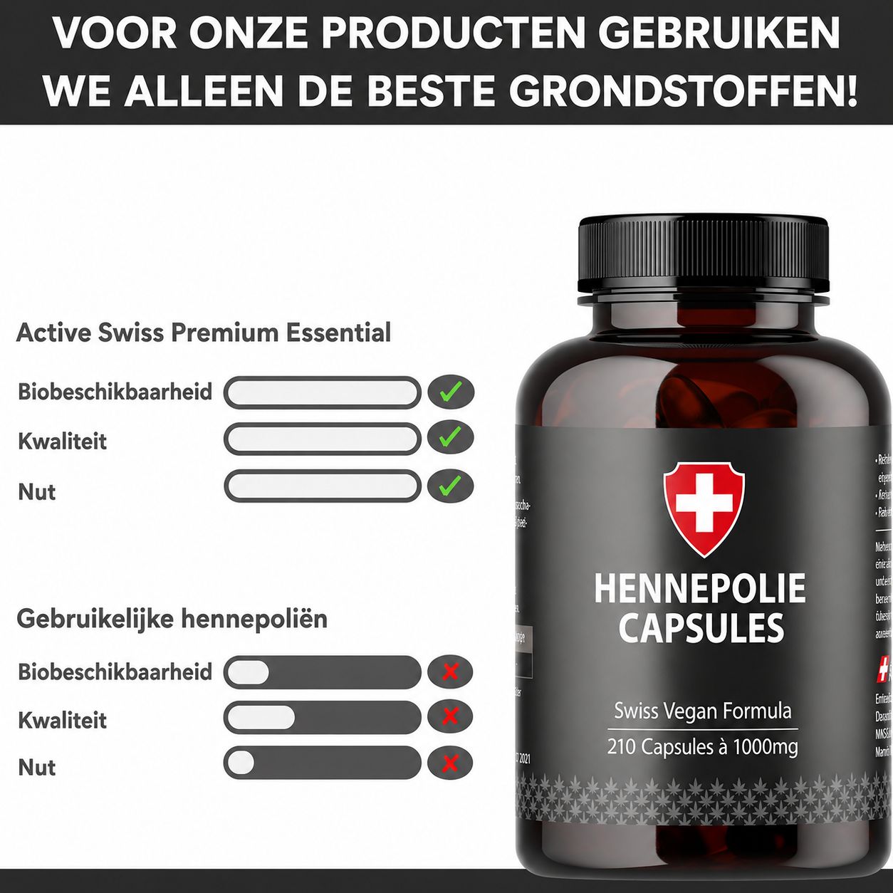 Donkerbruine fles met zwarte dop, gelabeld 'HENNEPOLIE CAPSULES', 'Swiss Vegan Formula', '210 Capsules à 1000mg'. Daarnaast een lijst met kwaliteitseigenschappen.