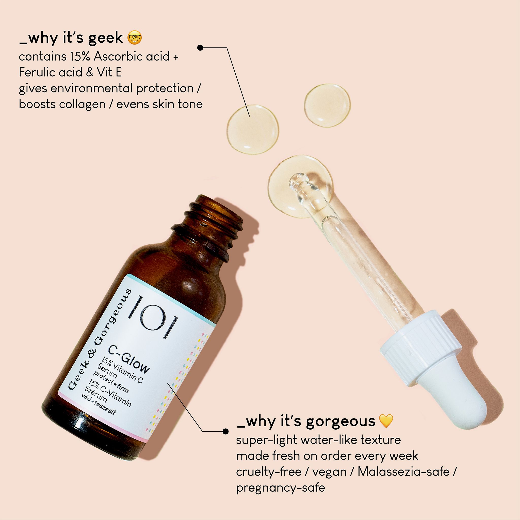 Bruine glazen fles met pipet en serumdruppels. Label toont "C-Glow" en "15% Vitamin C Serum".