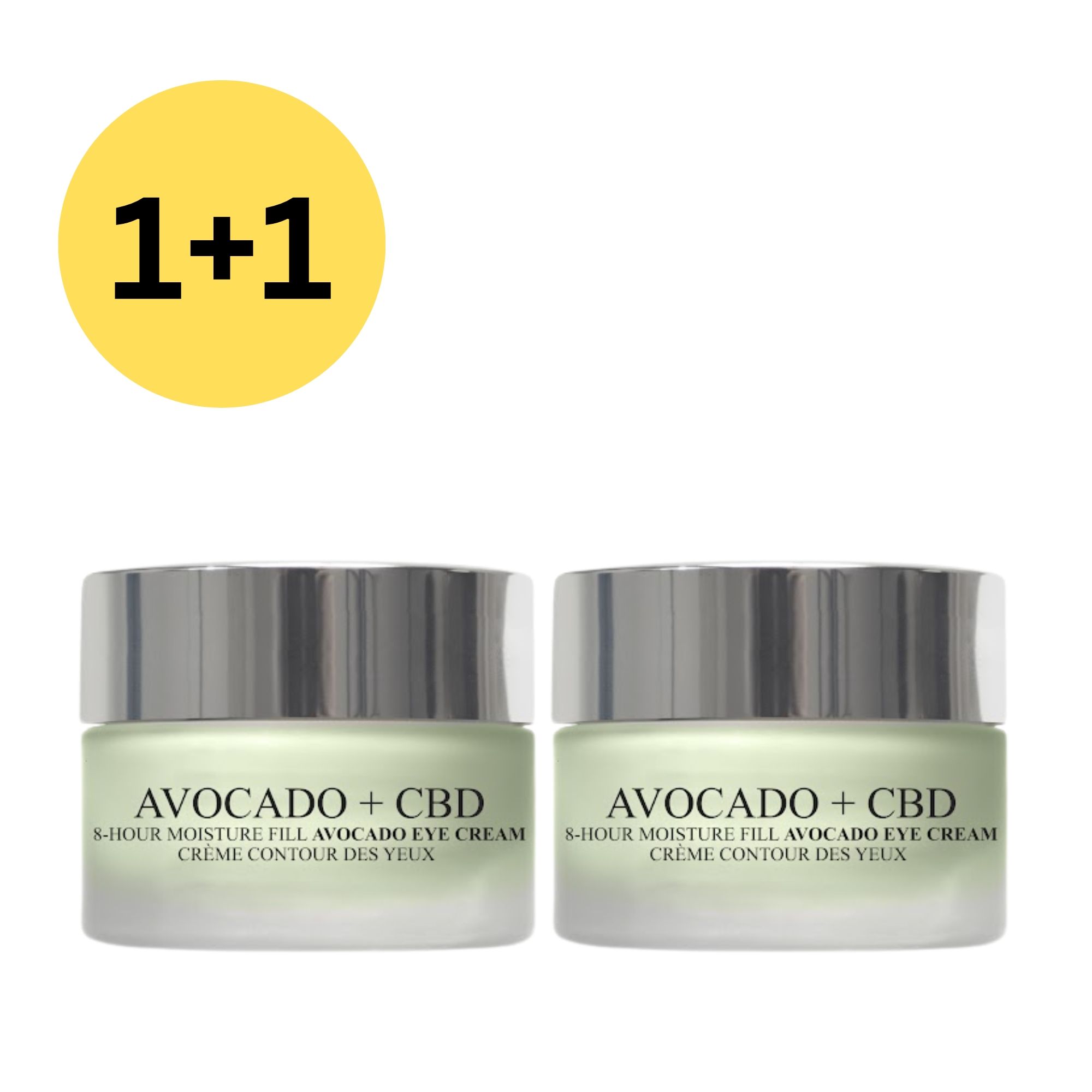 Deux pots de crème pour les yeux avec couvercles. Inscription: Avocado + CBD, 8-Hour Moisture Fill Avocado Eye Cream, Crème Contour des Yeux. Cercle jaune: 1+1.