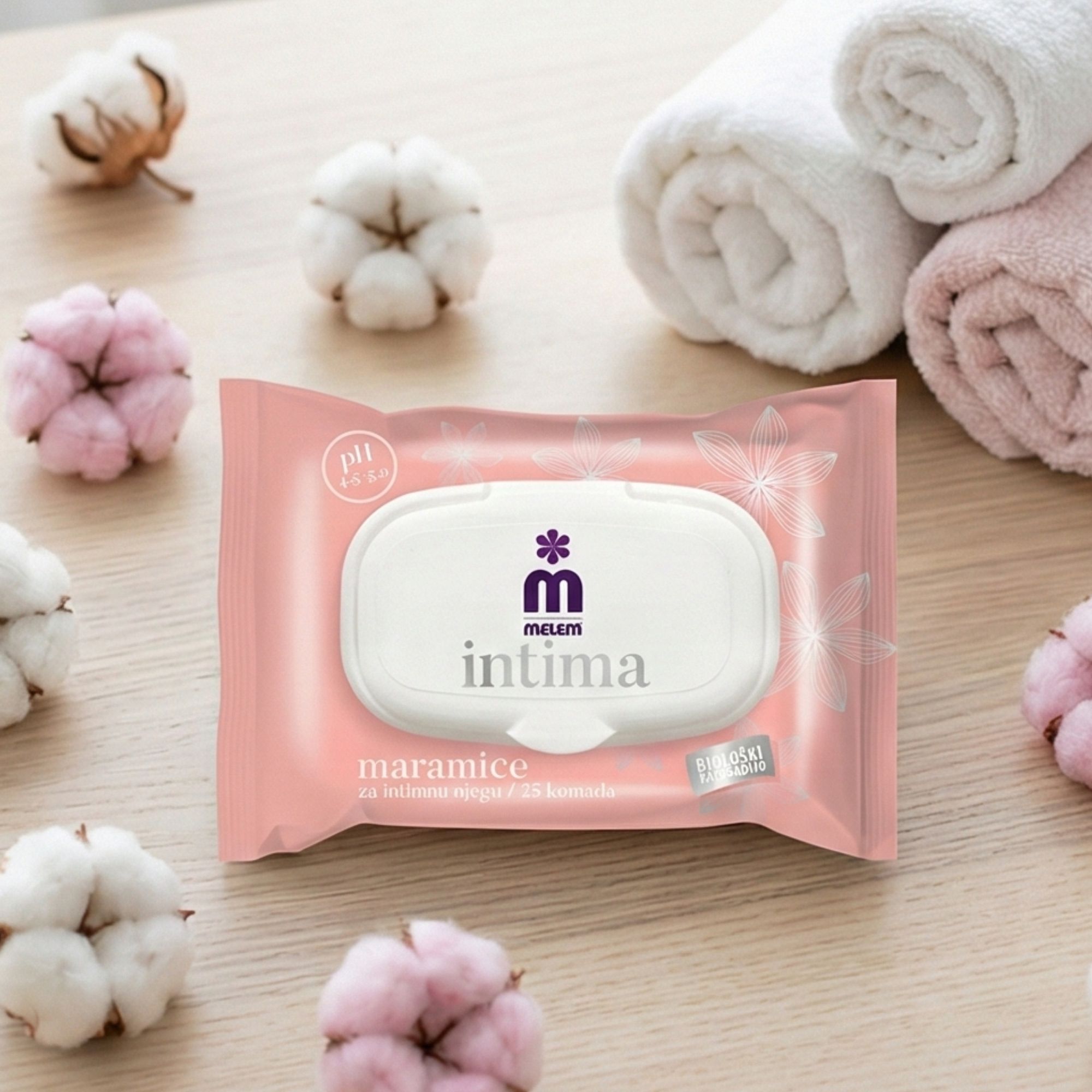 Paquet rose de lingettes humides Melem Intima. pH 4.5-5.0. Décoration avec coton et serviettes.