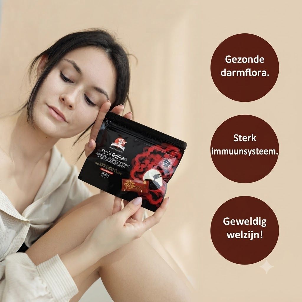 Vrouw houdt een zwart pakje Dr. Ohhira probiotica vast. Tekst: Gezonde darmflora, Sterk immuunsysteem, Geweldig welzijn.
