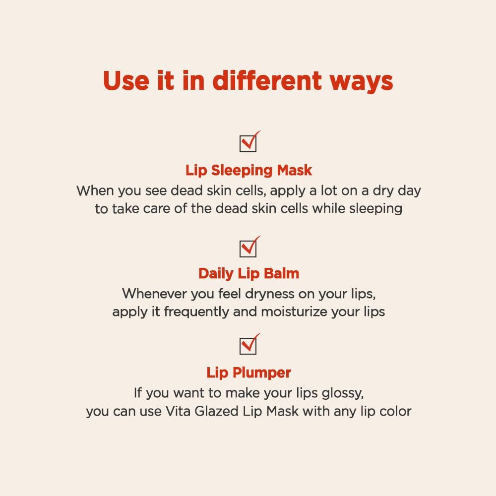 Types d'utilisation : Masque pour les lèvres, baume à lèvres quotidien, repulpeur de lèvres. Texte : « Use it in different ways ».