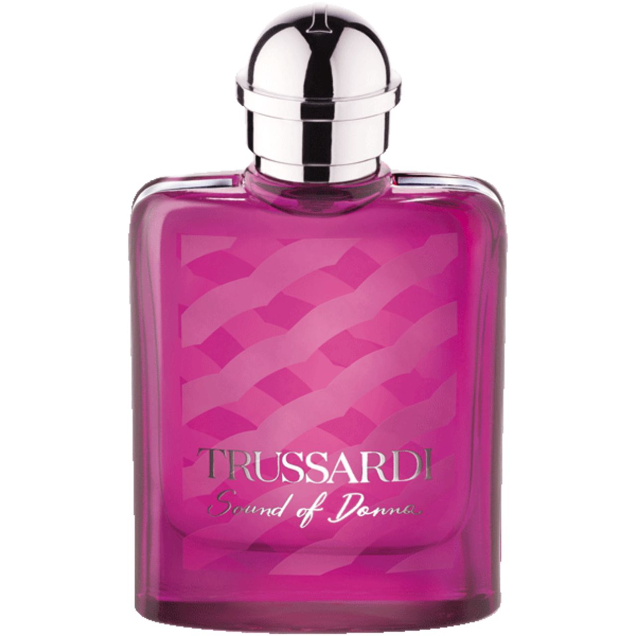 Flacon d'Eau de Parfum rose, bouchon argenté. Inscription: TRUSSARDI Sound of Donna.