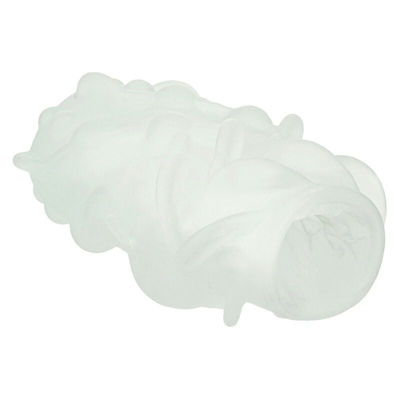 Un masturbateur transparent avec une texture extérieure ondulée, vu de côté.