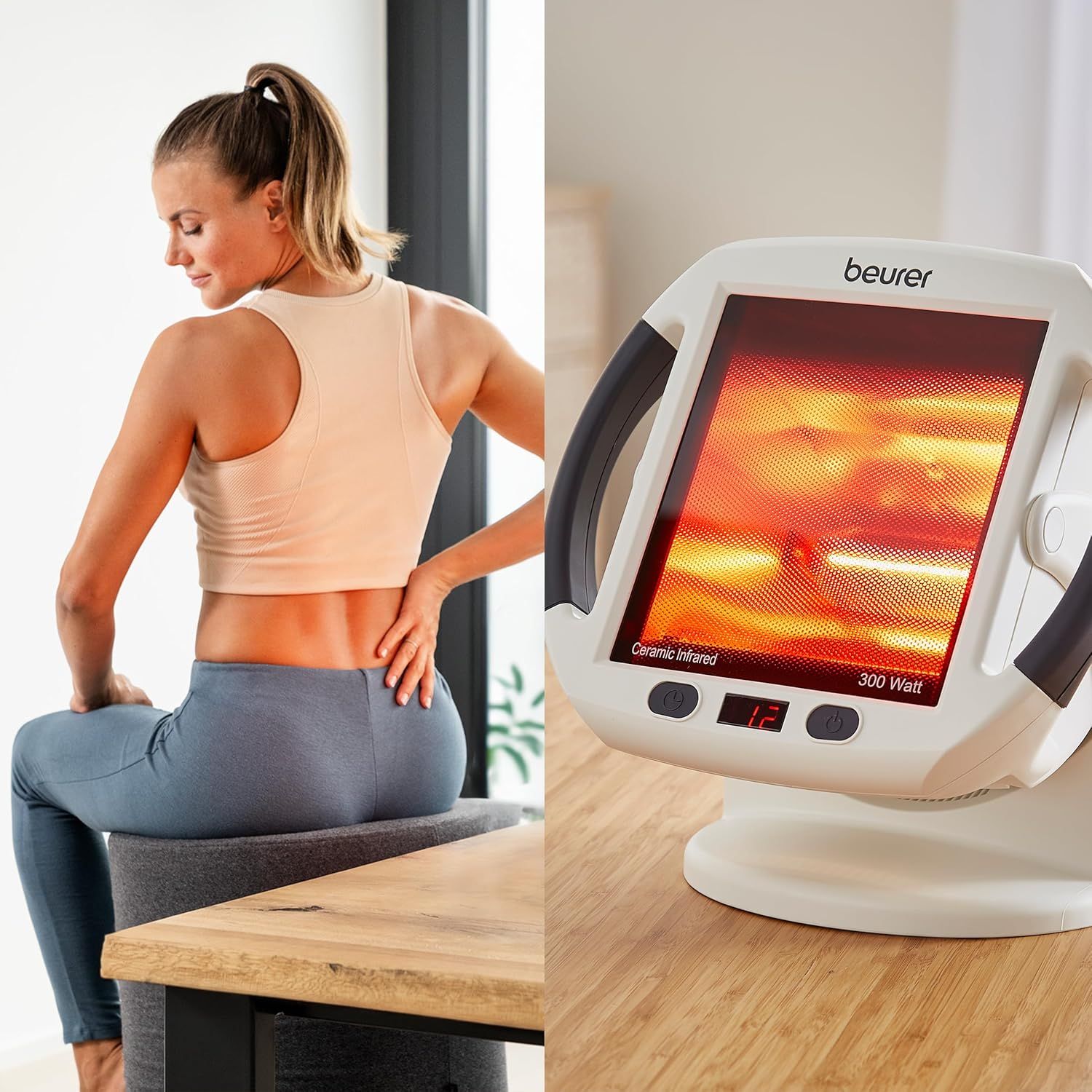 Femme assise sur un tabouret, se tenant le bas du dos.